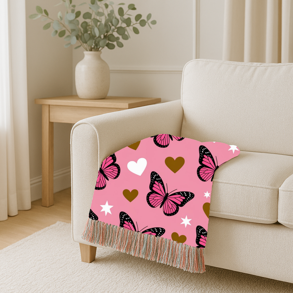 Butterfly Kiss Throw — 2000s Pink Butterfly & Heart Woven Blanket