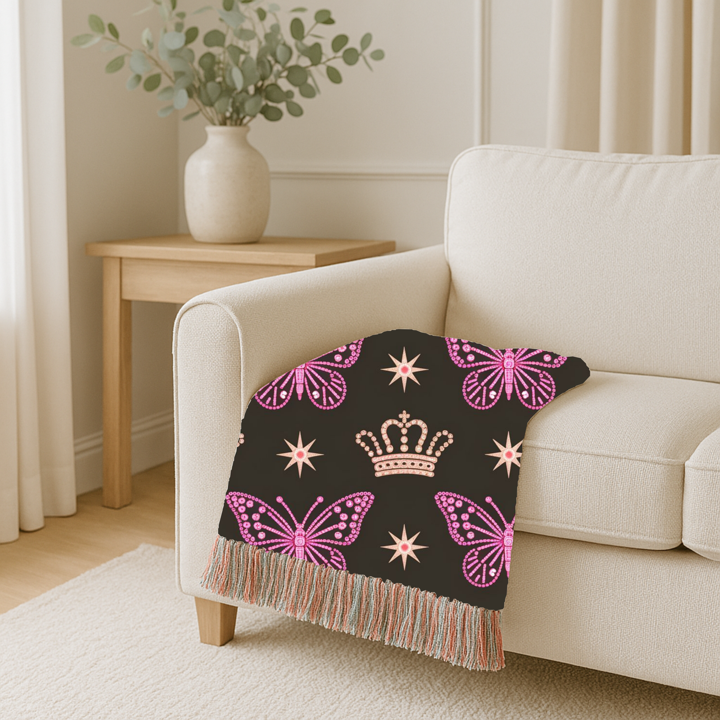 Crown & Wings Throw — 2000s Y2K Butterfly Crown Woven Blanket