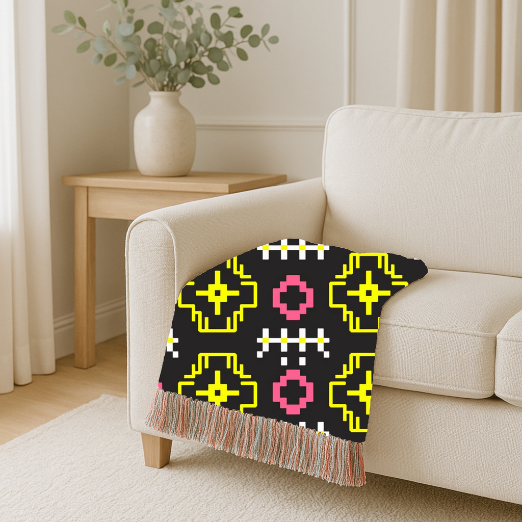 Pixel Bloom Throw — 1980s Arcade Neon Woven Blanket