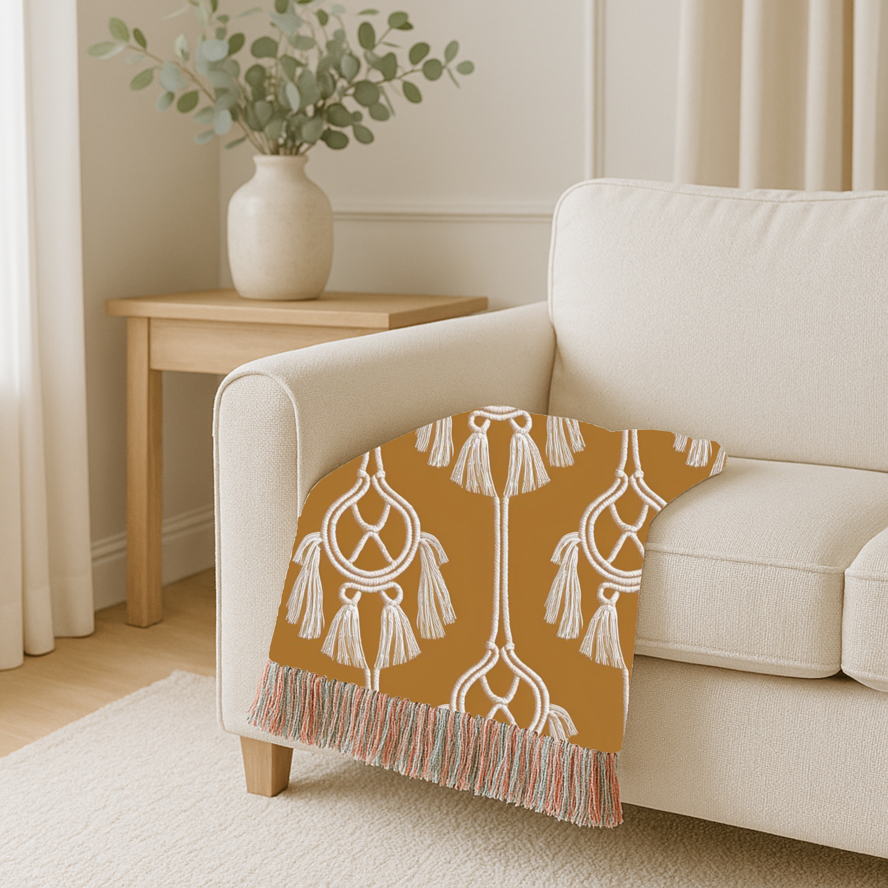 Macramé Tassel Throw — 1970s Bohemian Circle Woven Blanket