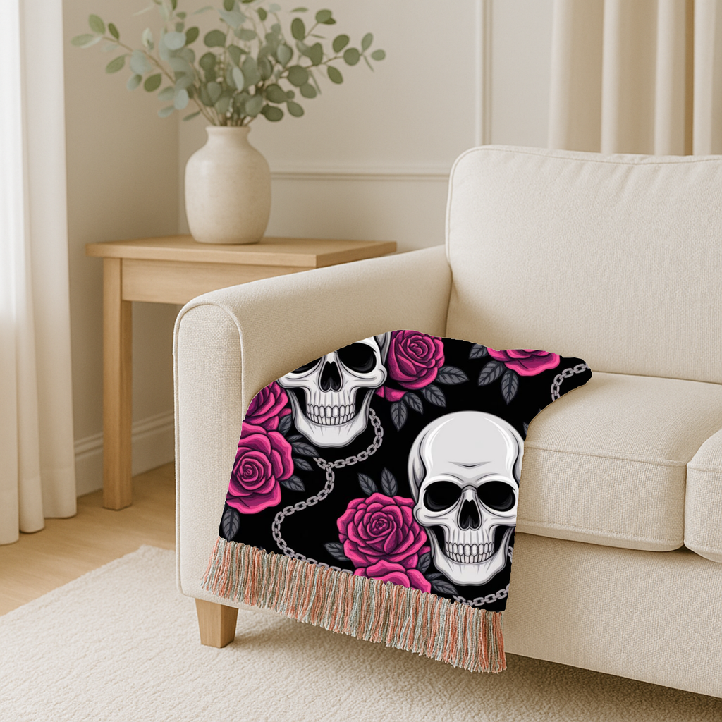Skull & Roses Throw — 1990s Gothic Skull & Rose Woven Blanket