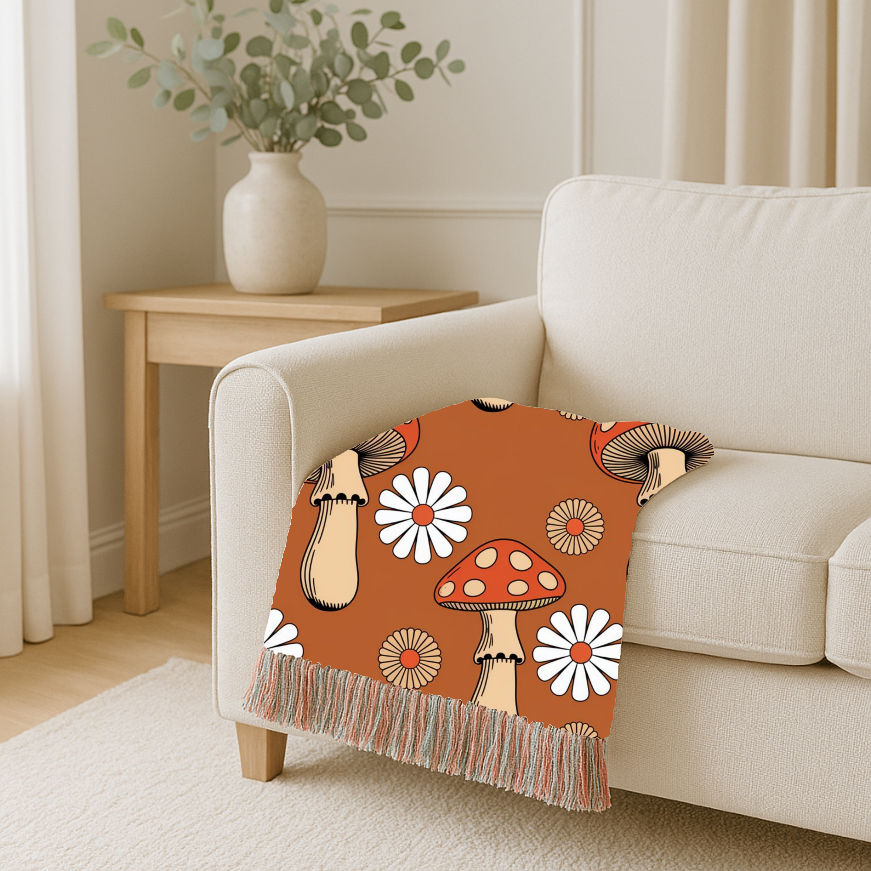 Groovy Mushroom Throw — 1970s Toadstool Daisy Woven Blanket