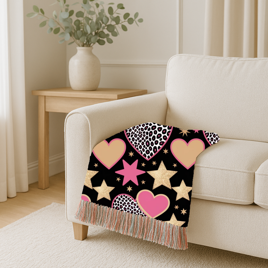 Girl Power Throw — 1990s Leopard Heart & Star Woven Blanket