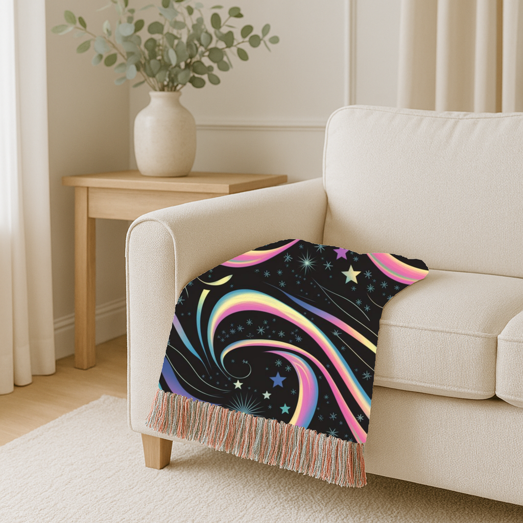 Stardust Throw — 2000s Y2K Rainbow Star Swirl Woven Blanket