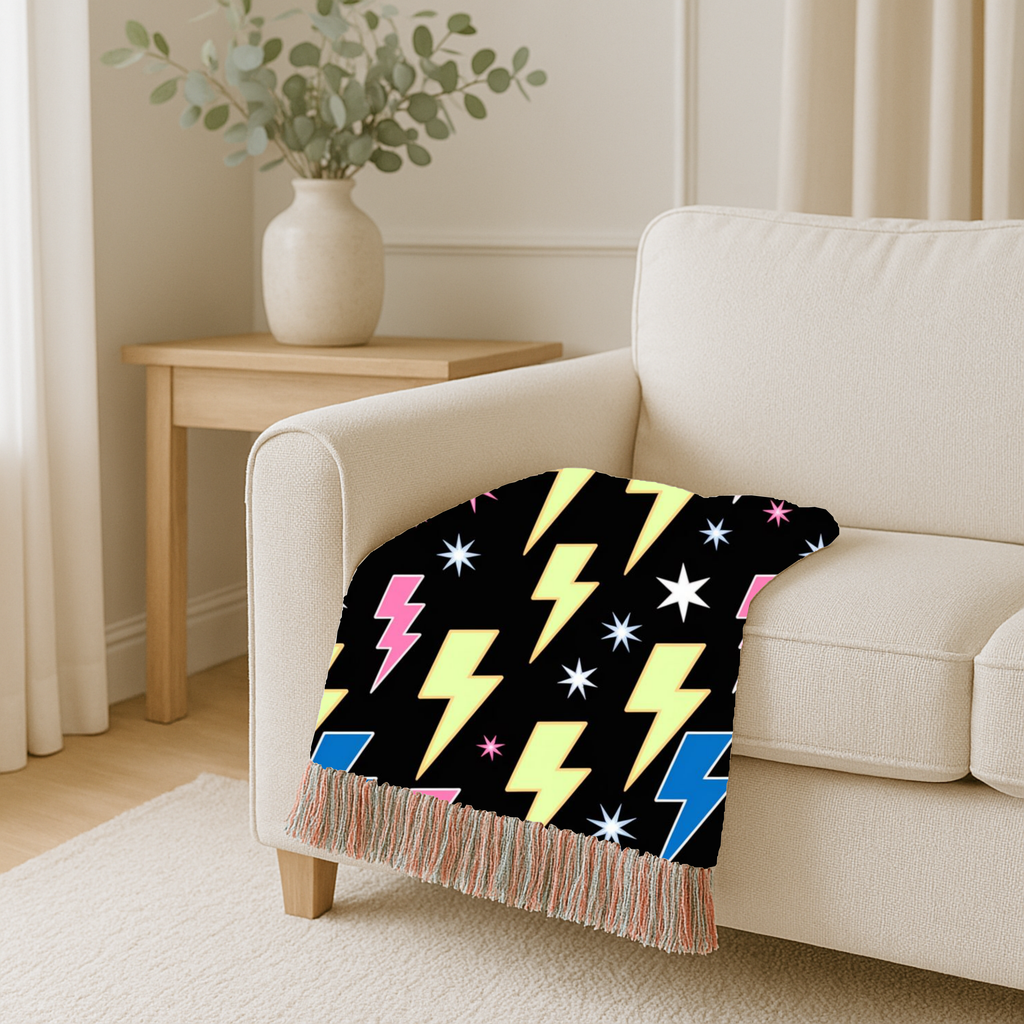 Lightning Strike Throw — 1980s Neon Bolt Woven Blanket