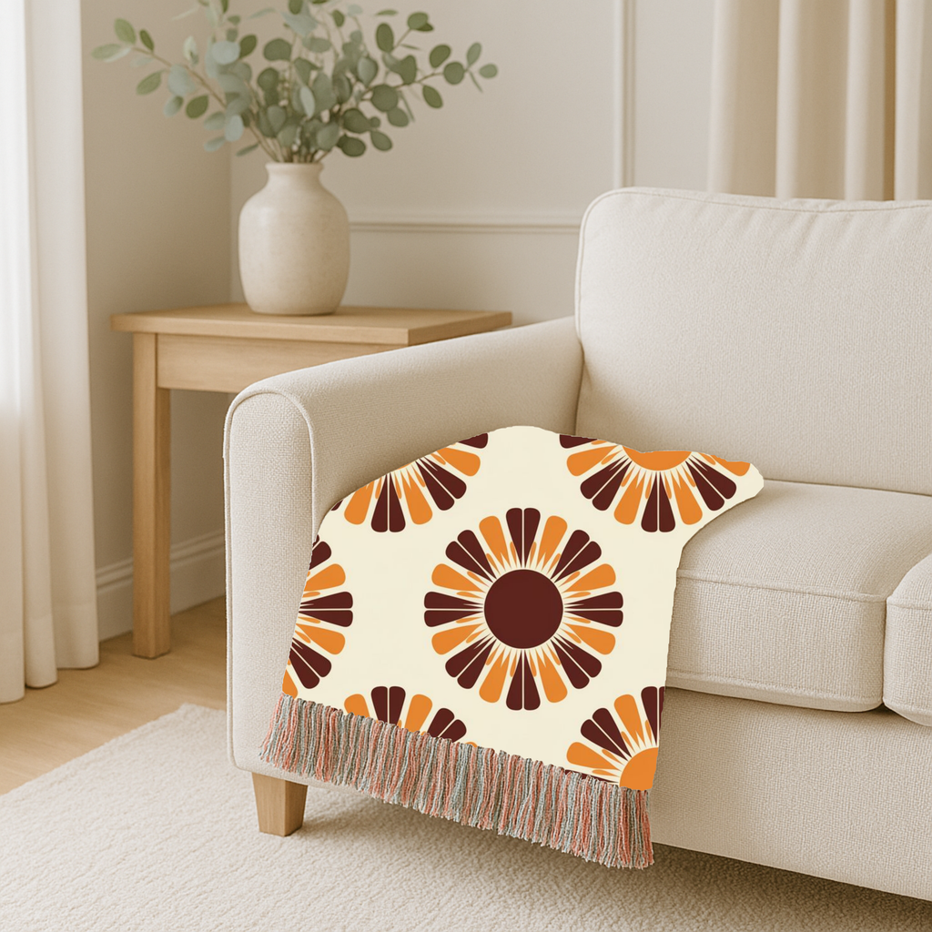 Harvest Sunflower Throw — 1970s Folk Sunflower Woven Blanket