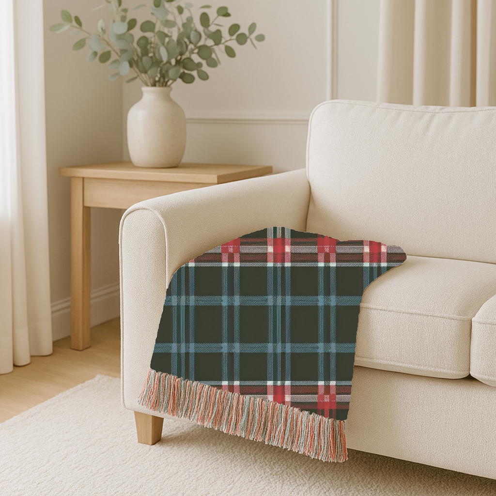 Electric Tartan Throw — 1990s Teal & Red Plaid Woven Blanket