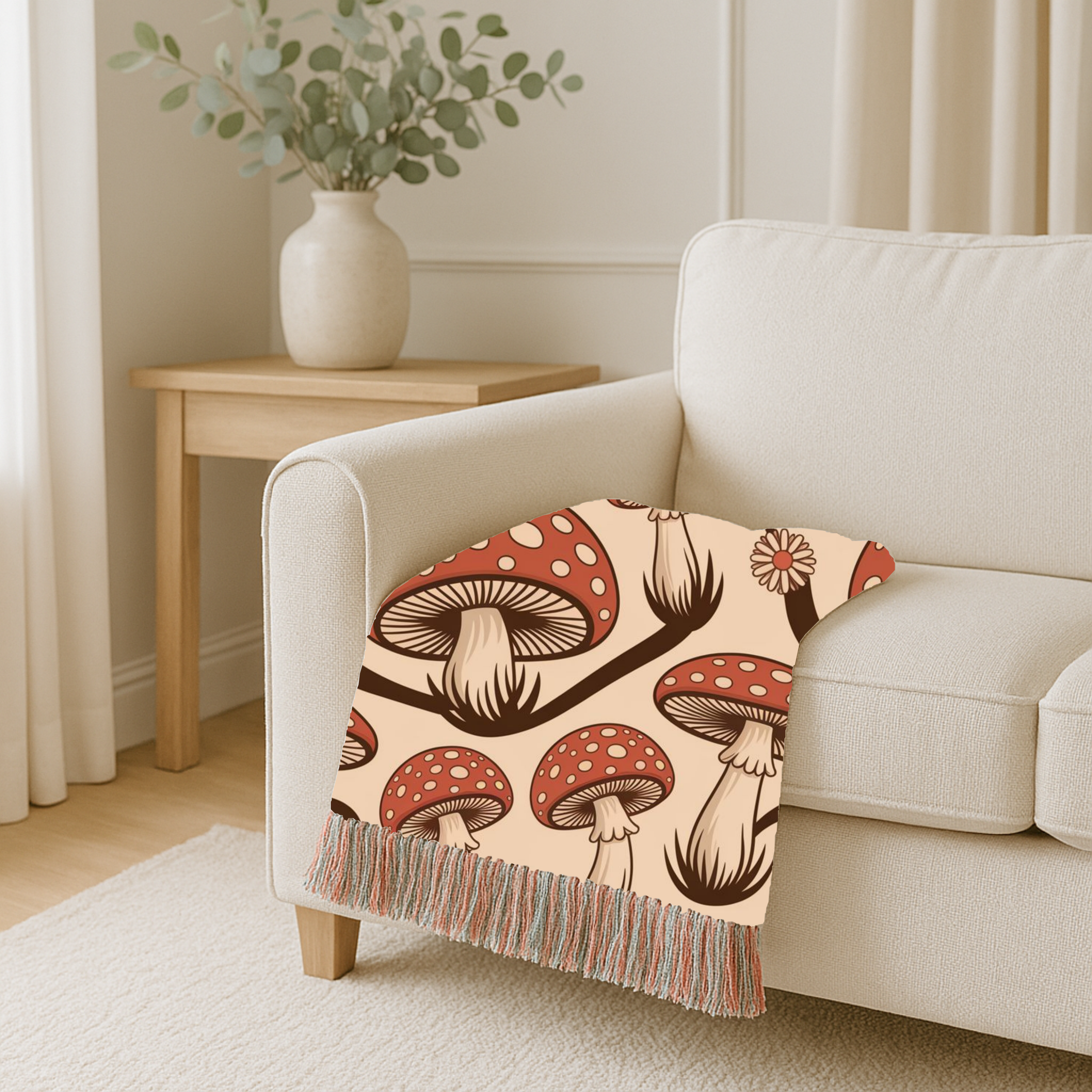 Forest Floor Throw — 1970s Woodland Mushroom Woven Blanket