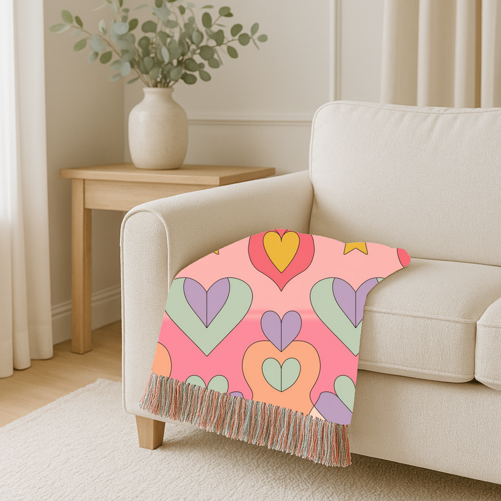 Layered Heart Throw — 1980s Rainbow Love Woven Blanket