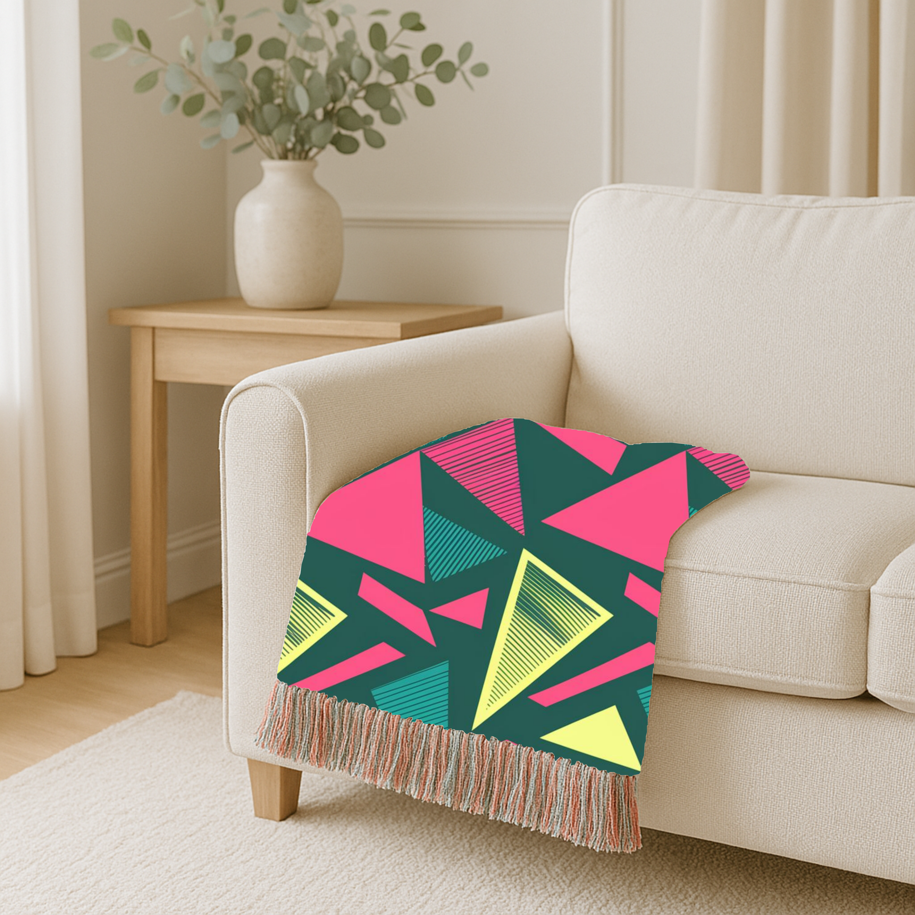 Neon Triangle Throw — 1980s Memphis Geometric Woven Blanket