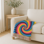 Spectrum Throw — 1990s Rainbow Spiral Woven Blanket