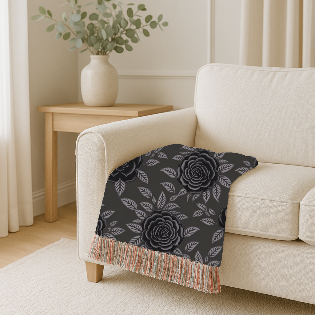 Midnight Rose Throw — 1990s Gothic Floral Woven Blanket