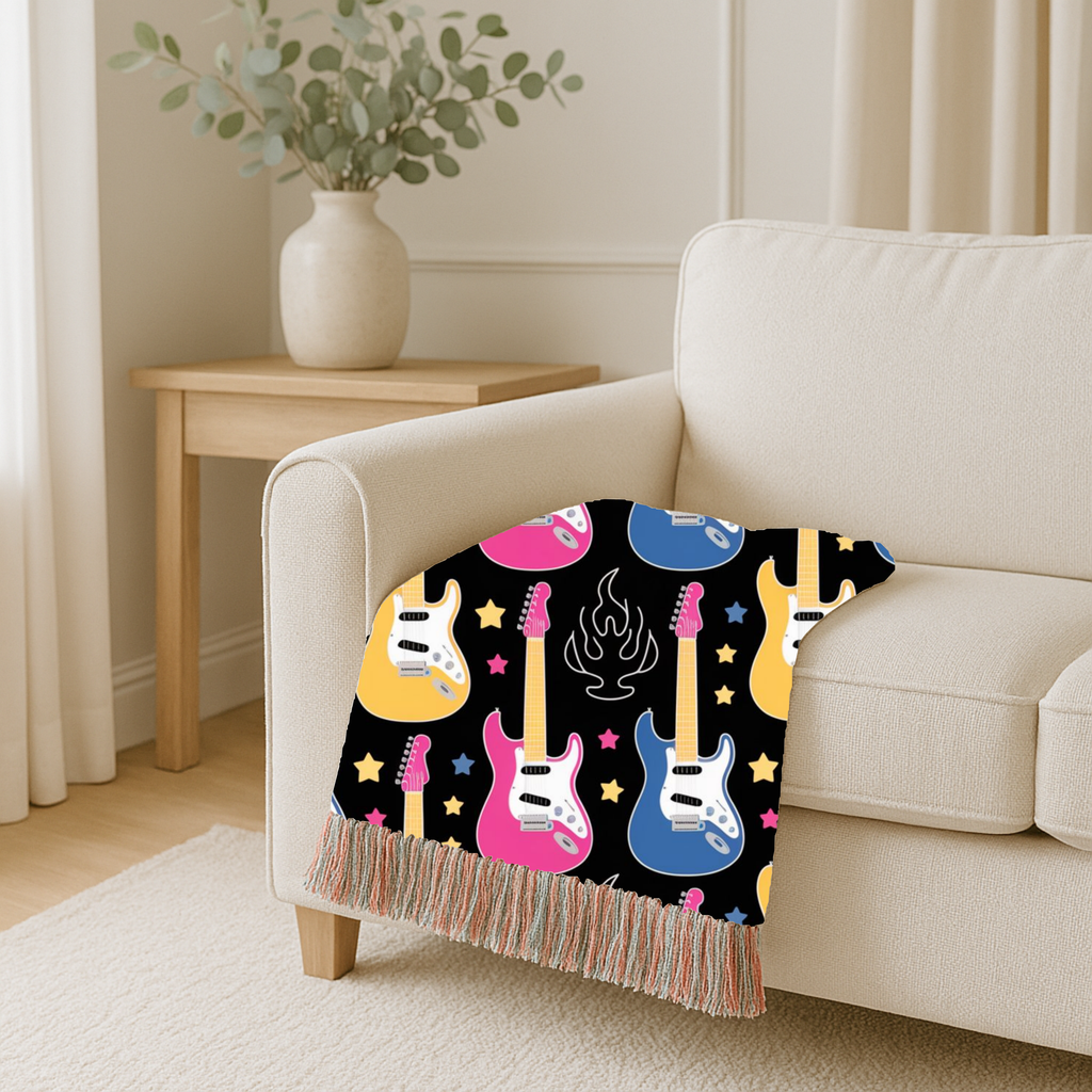 Rock Flame Throw — 1980s Guitar Fire Woven Blanket
