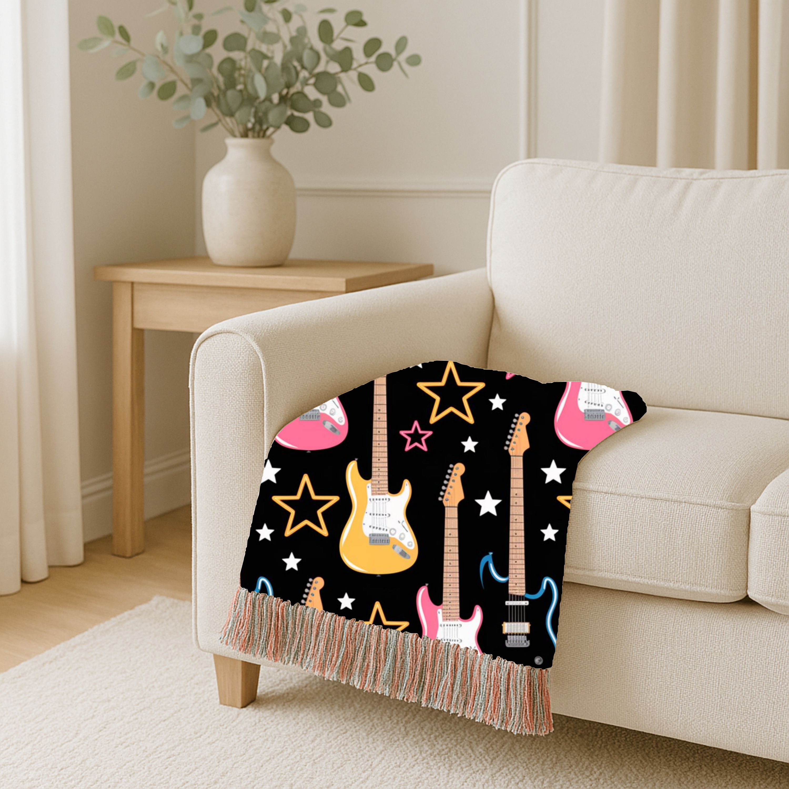 Woven Electric Guitar Throw Blanket | Pink Yellow Blue Black Stars, 1980s Rock Décor