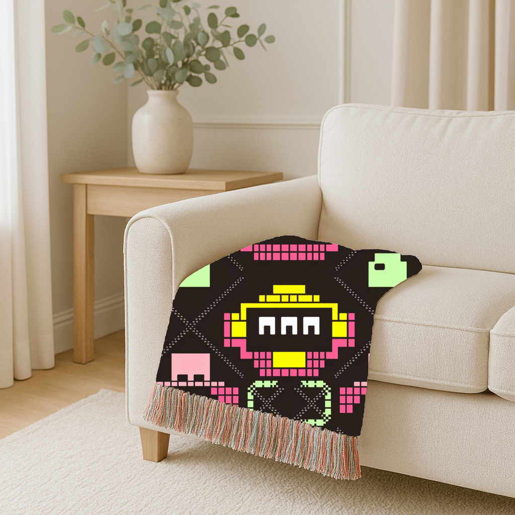 Pixel Robot Throw — 1980s Arcade Game Woven Blanket