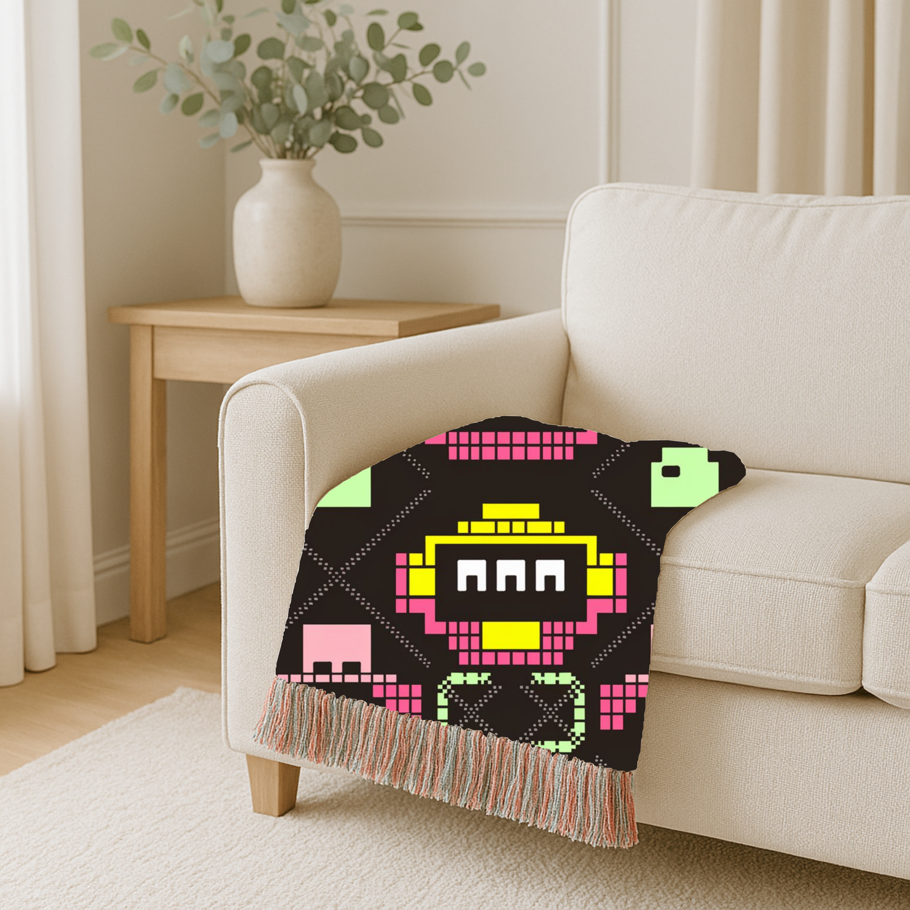 Pixel Robot Throw — 1980s Arcade Game Woven Blanket