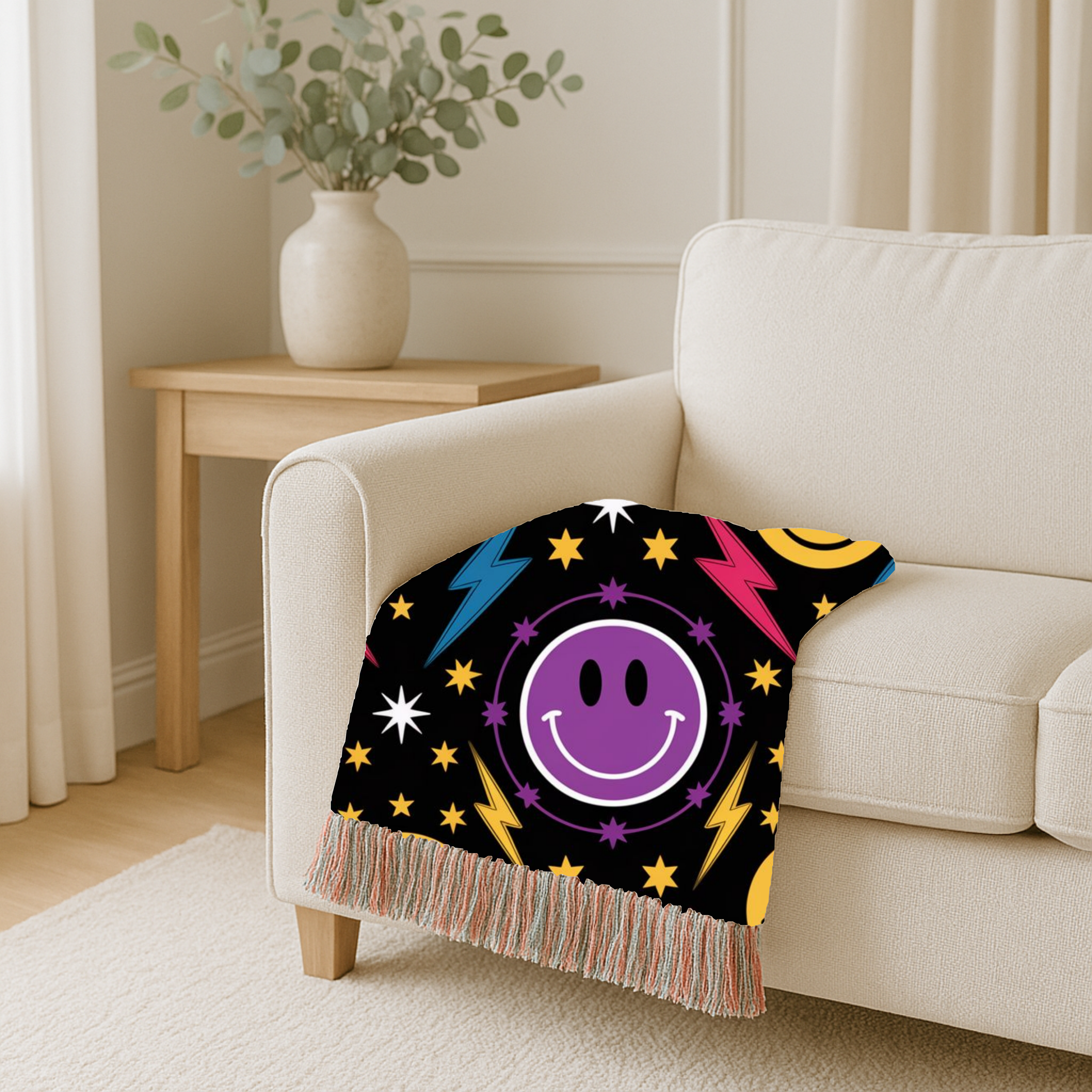Bolts & Smiles Throw — 1990s Smiley & Lightning Woven Blanket