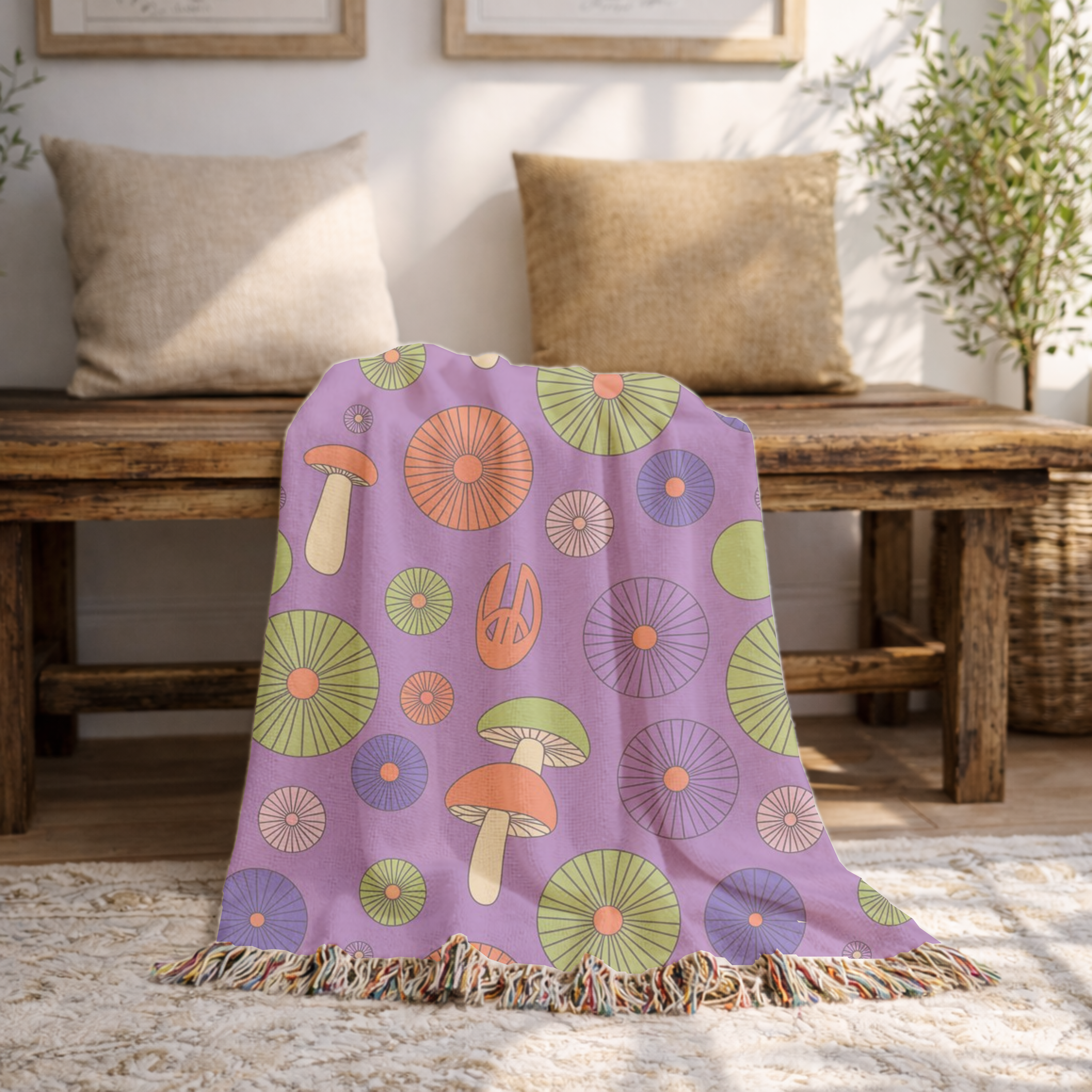 🍄 Magic Mushroom Throw — 1960s Psychedelic Woven Blanket