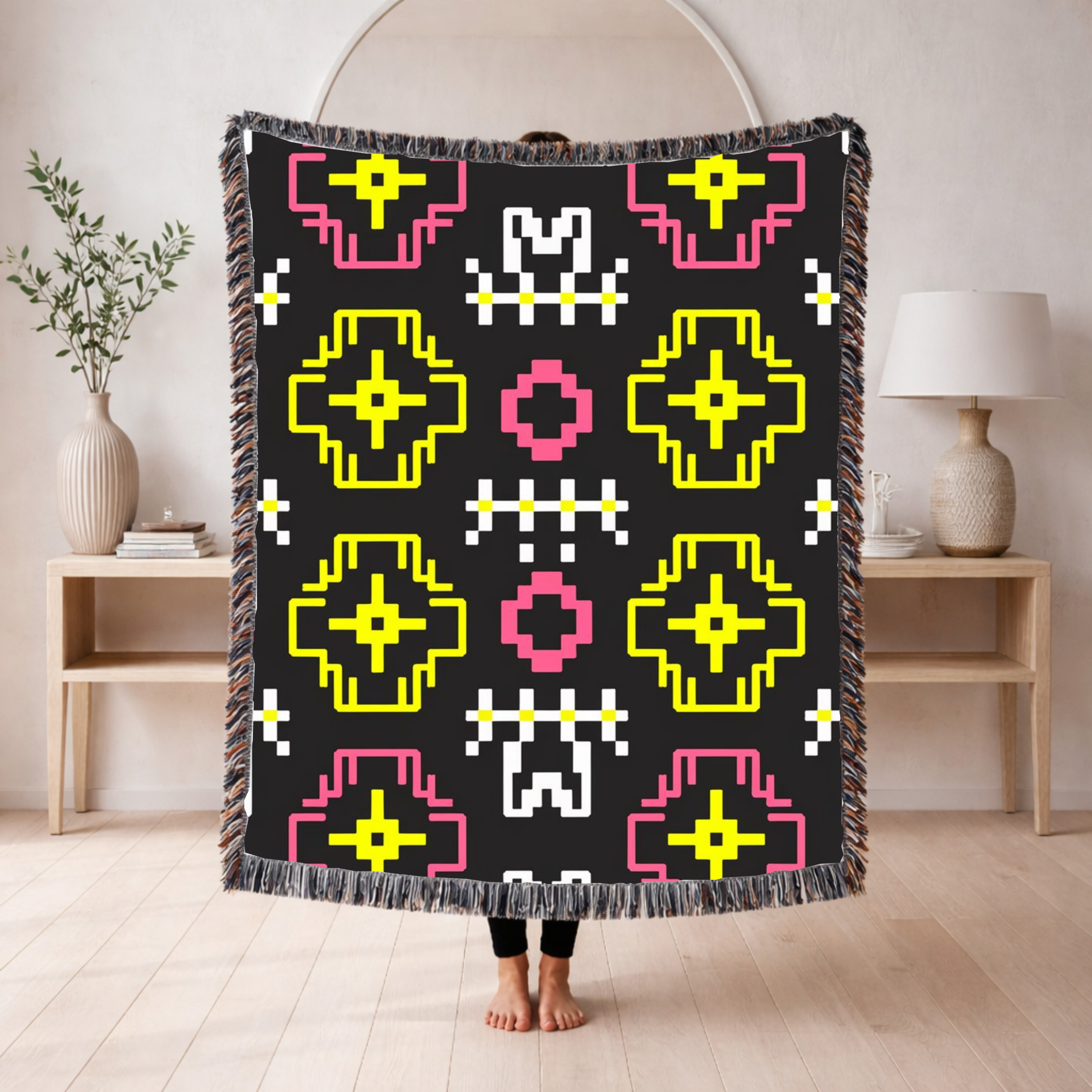 Pixel Bloom Throw — 1980s Arcade Neon Woven Blanket