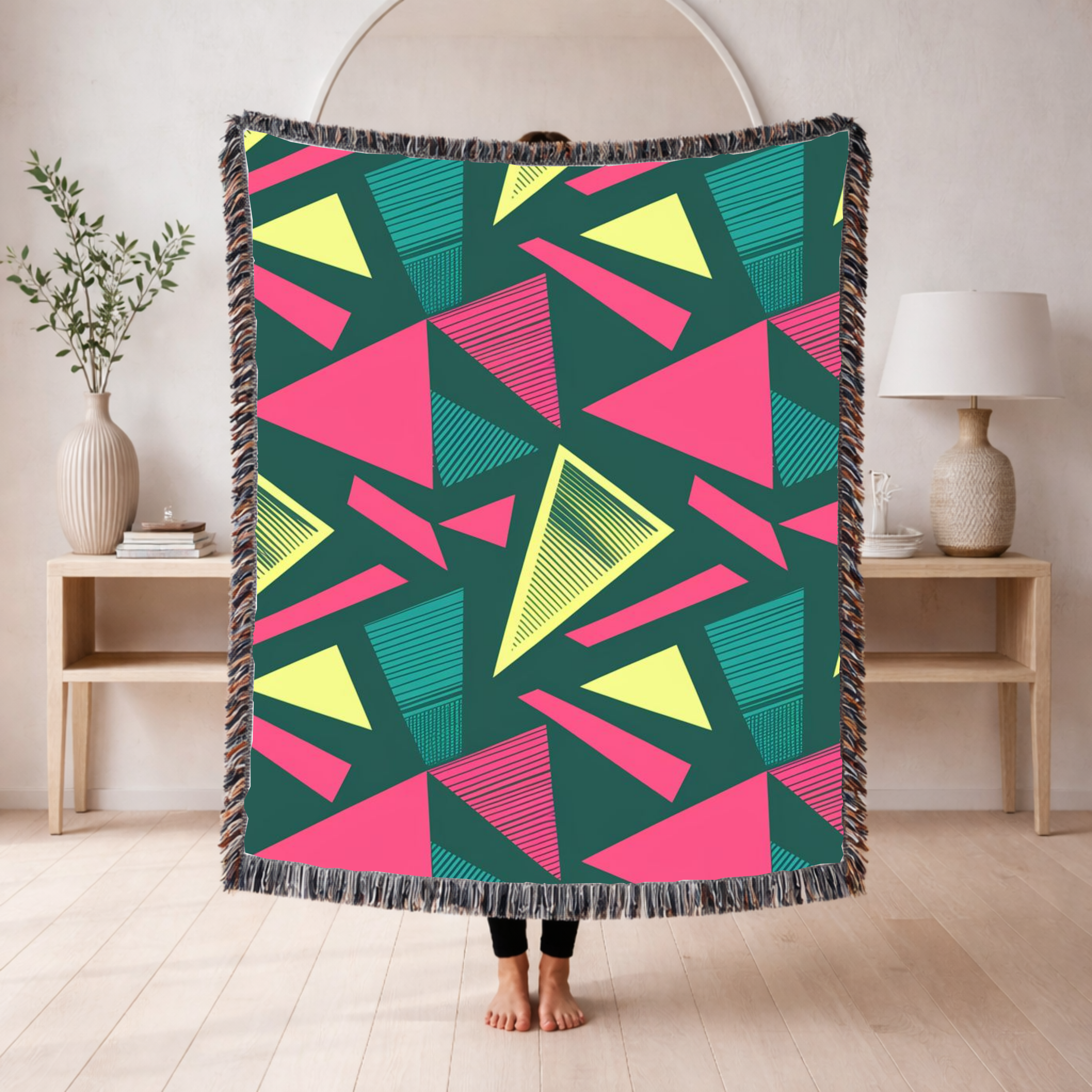 Neon Triangle Throw — 1980s Memphis Geometric Woven Blanket