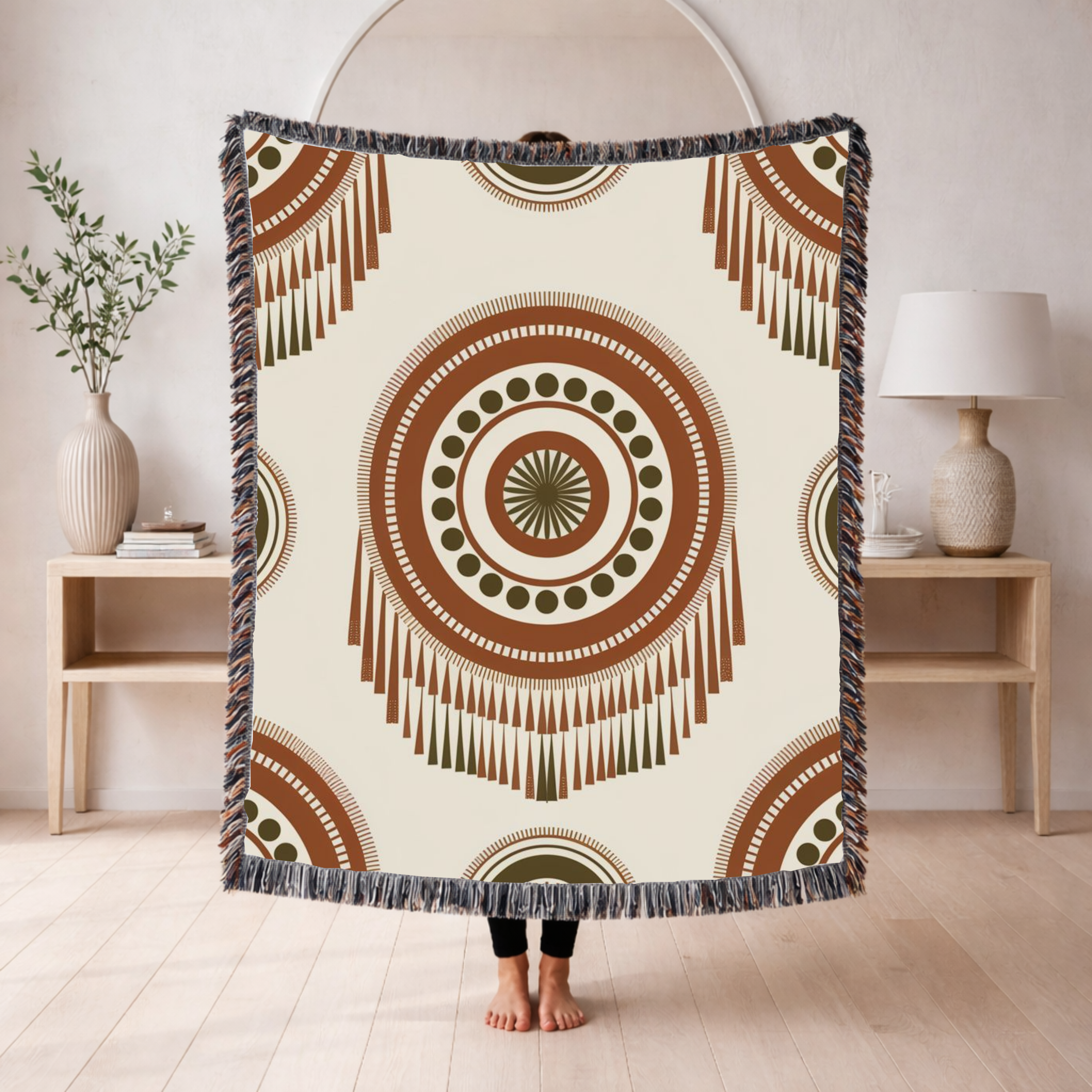 Sage Dreamcatcher Throw — 1970s Bohemian Olive Woven Blanket