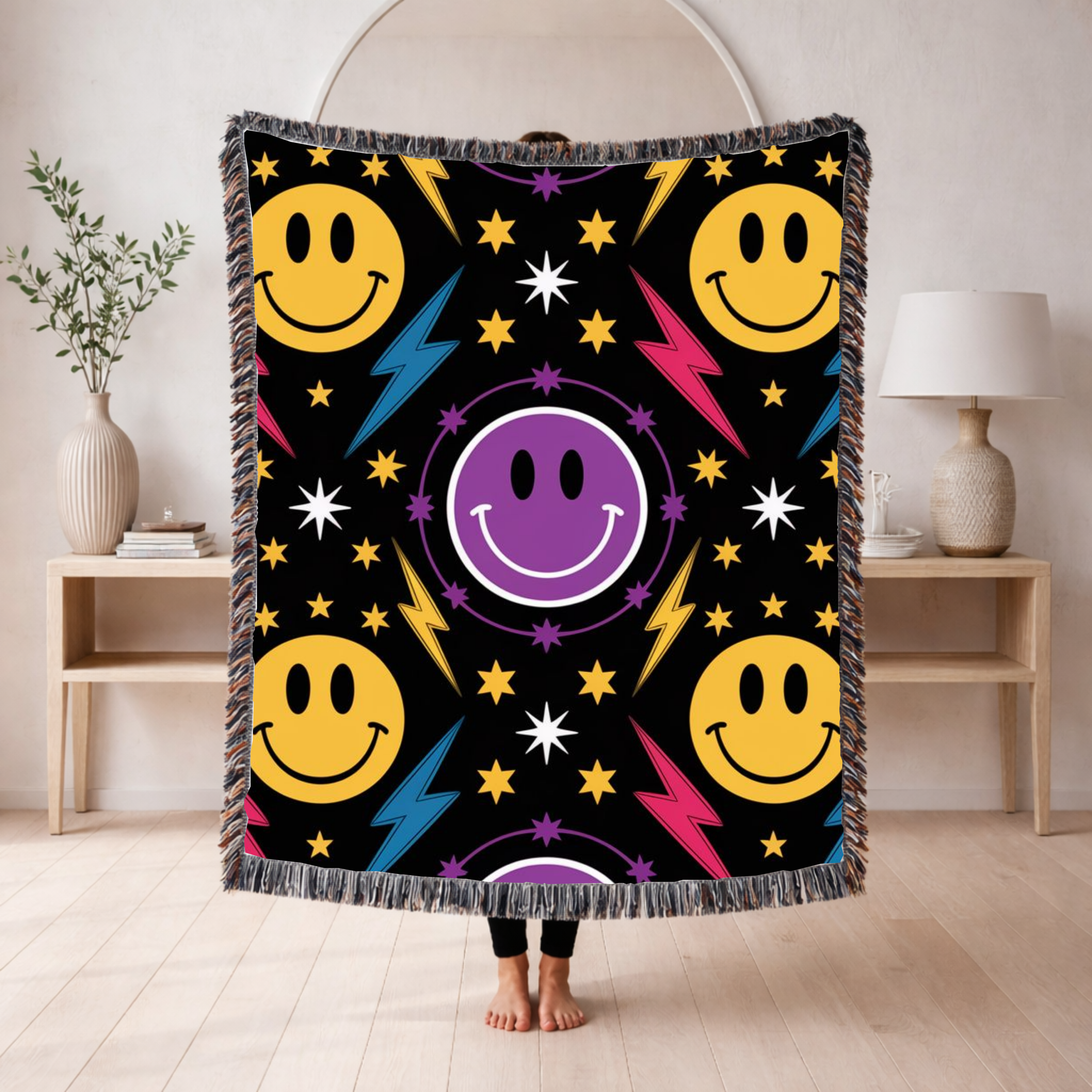 Bolts & Smiles Throw — 1990s Smiley & Lightning Woven Blanket