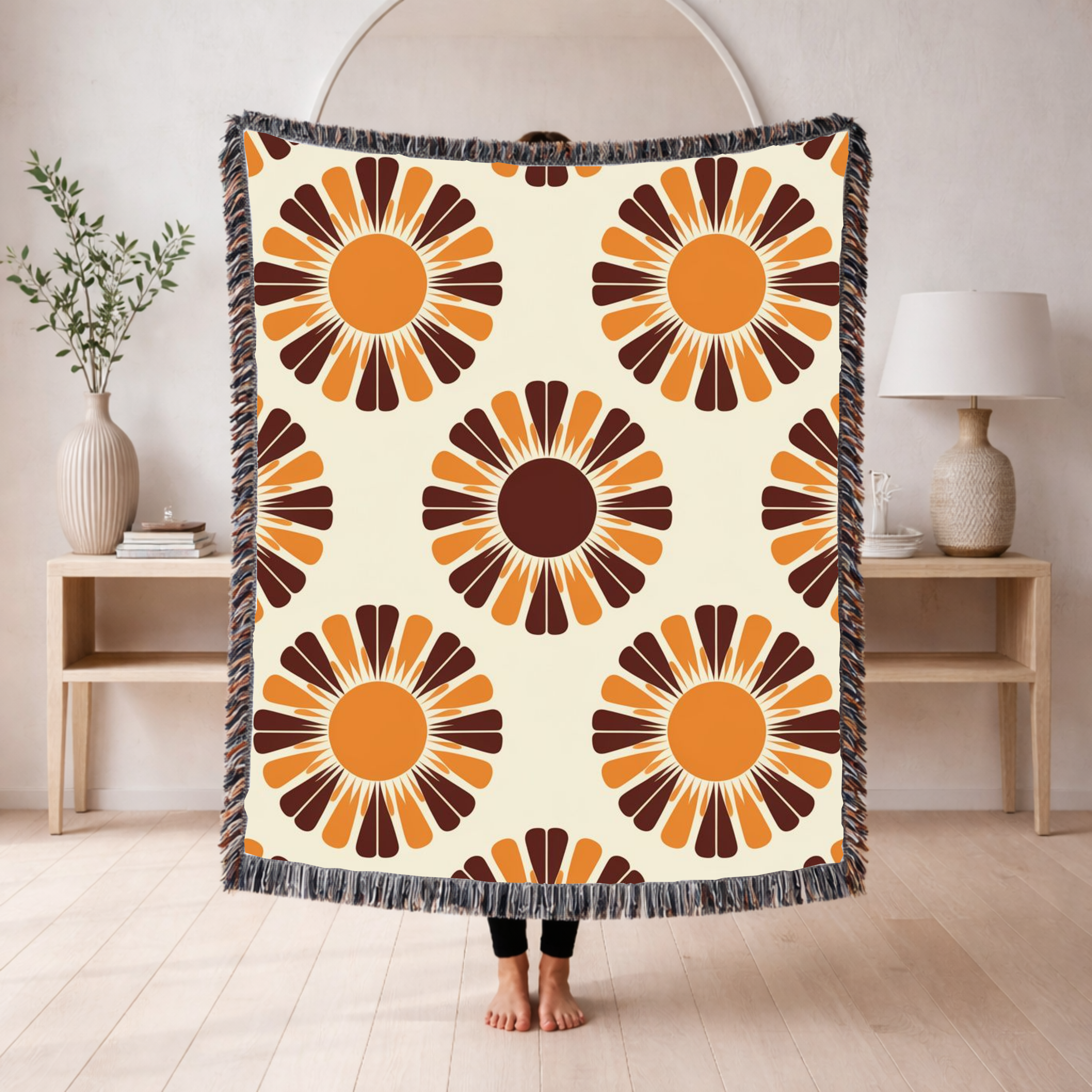 Harvest Sunflower Throw — 1970s Folk Sunflower Woven Blanket