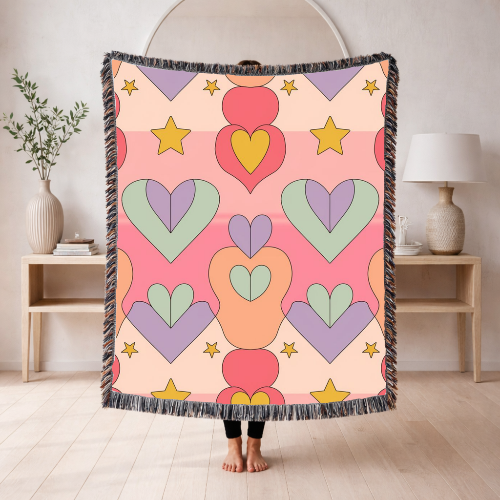 Layered Heart Throw — 1980s Rainbow Love Woven Blanket