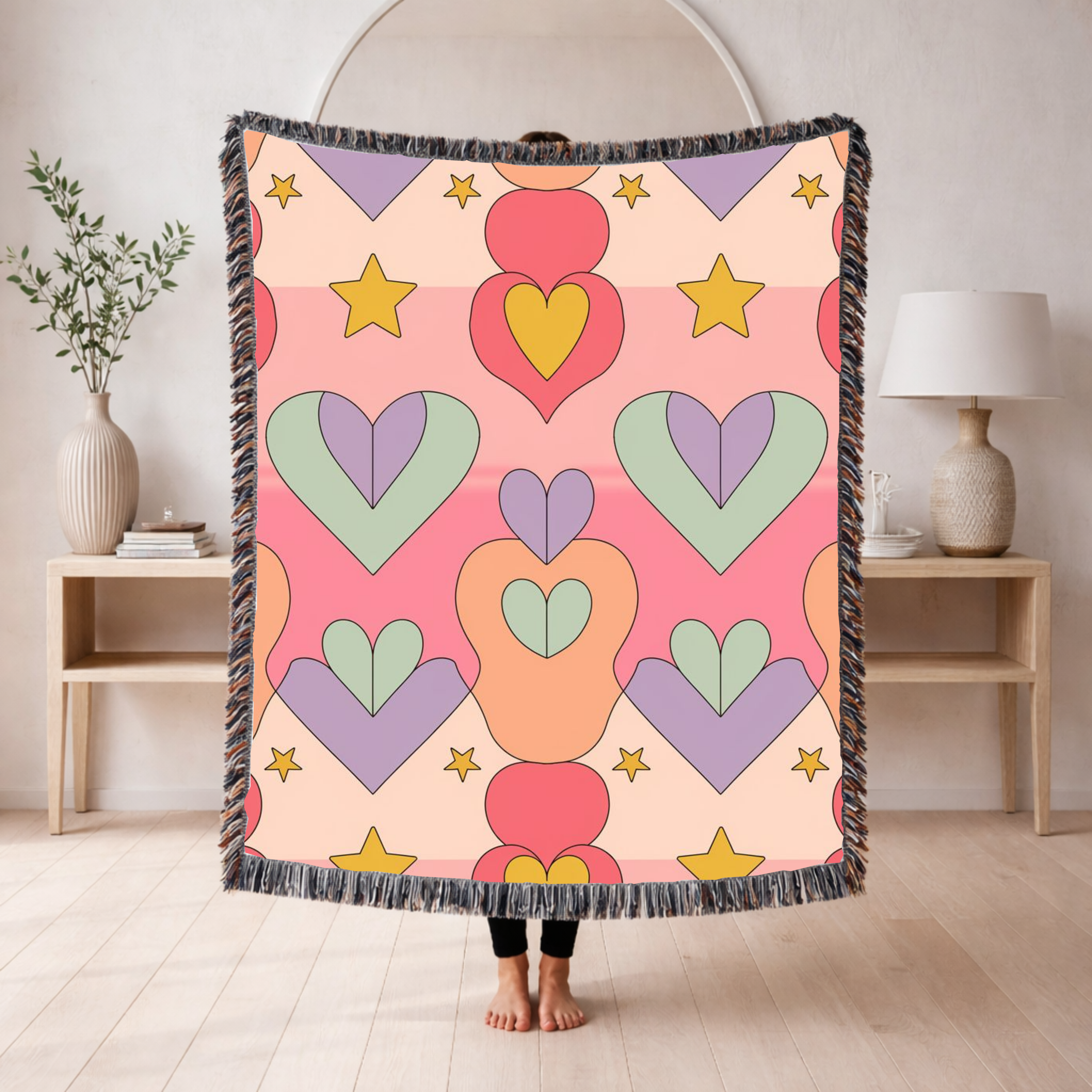 Layered Heart Throw — 1980s Rainbow Love Woven Blanket