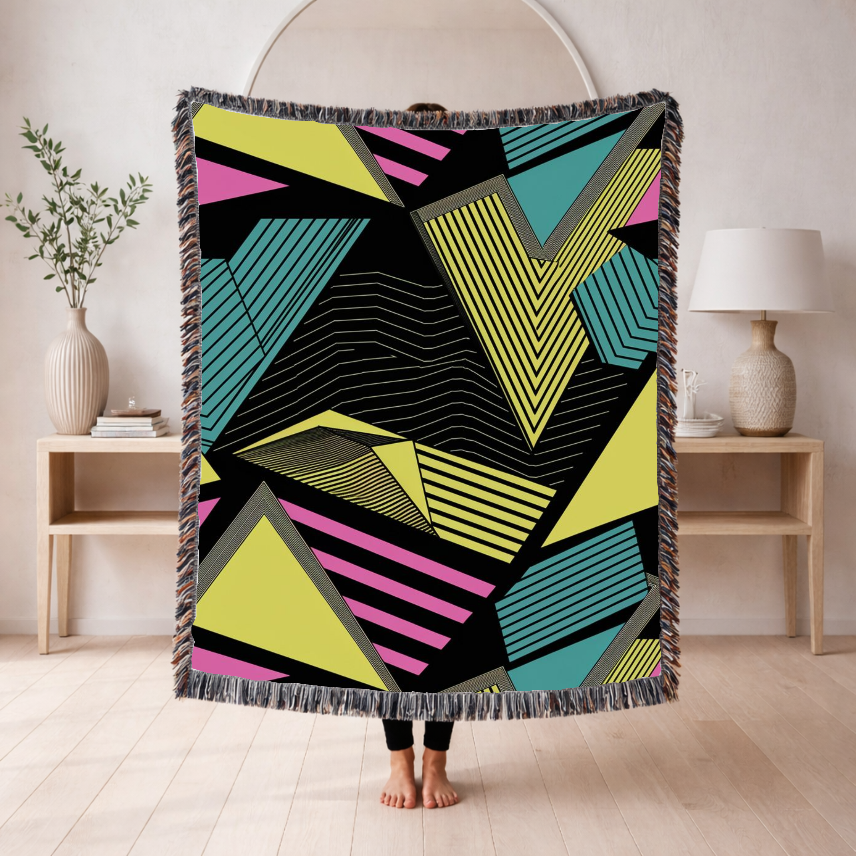 Electric Triangle Throw — 1980s Bold Stripe Geometric Woven Blanket