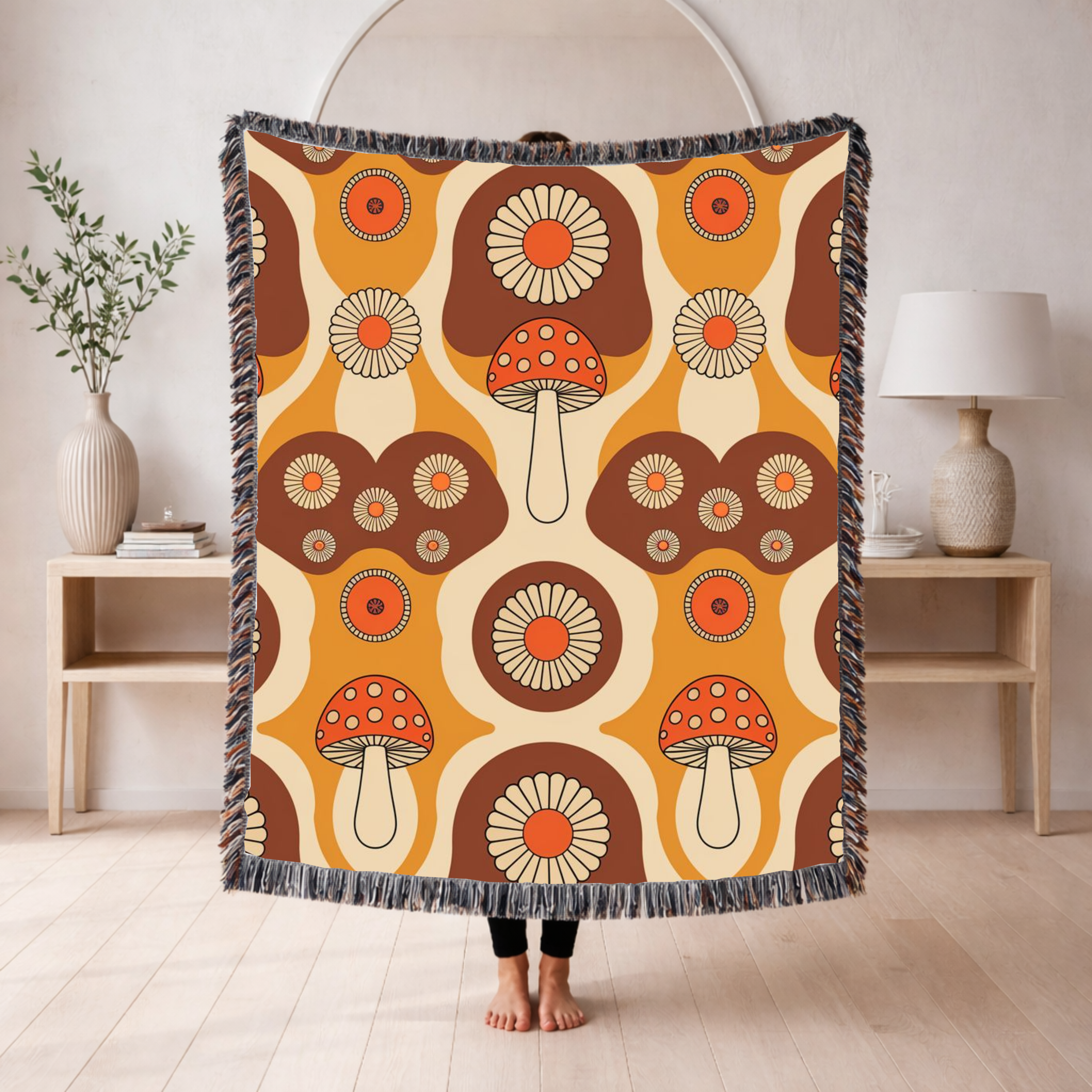 Mushroom Garden Throw — 1970s Retro Fungi Woven Blanket
