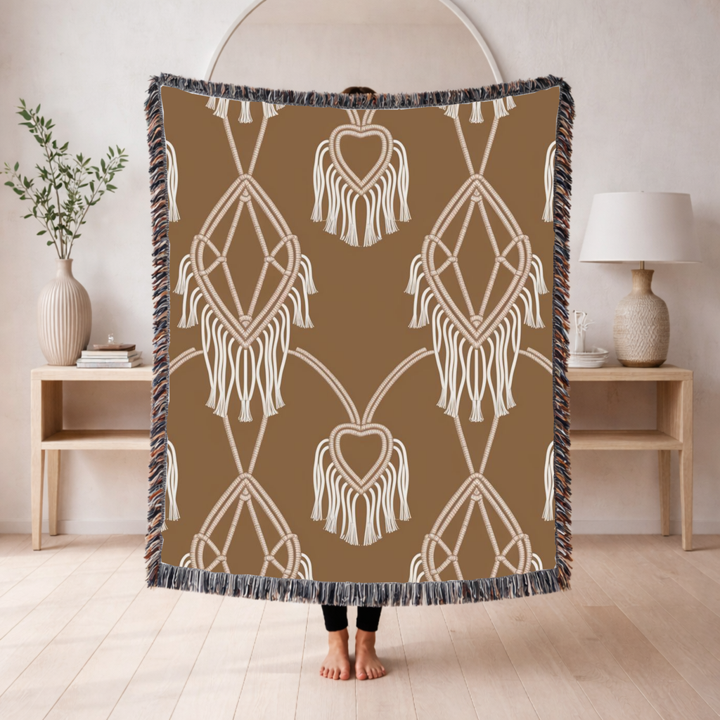 Macramé Heart Throw — 1970s Bohemian Love Woven Blanket