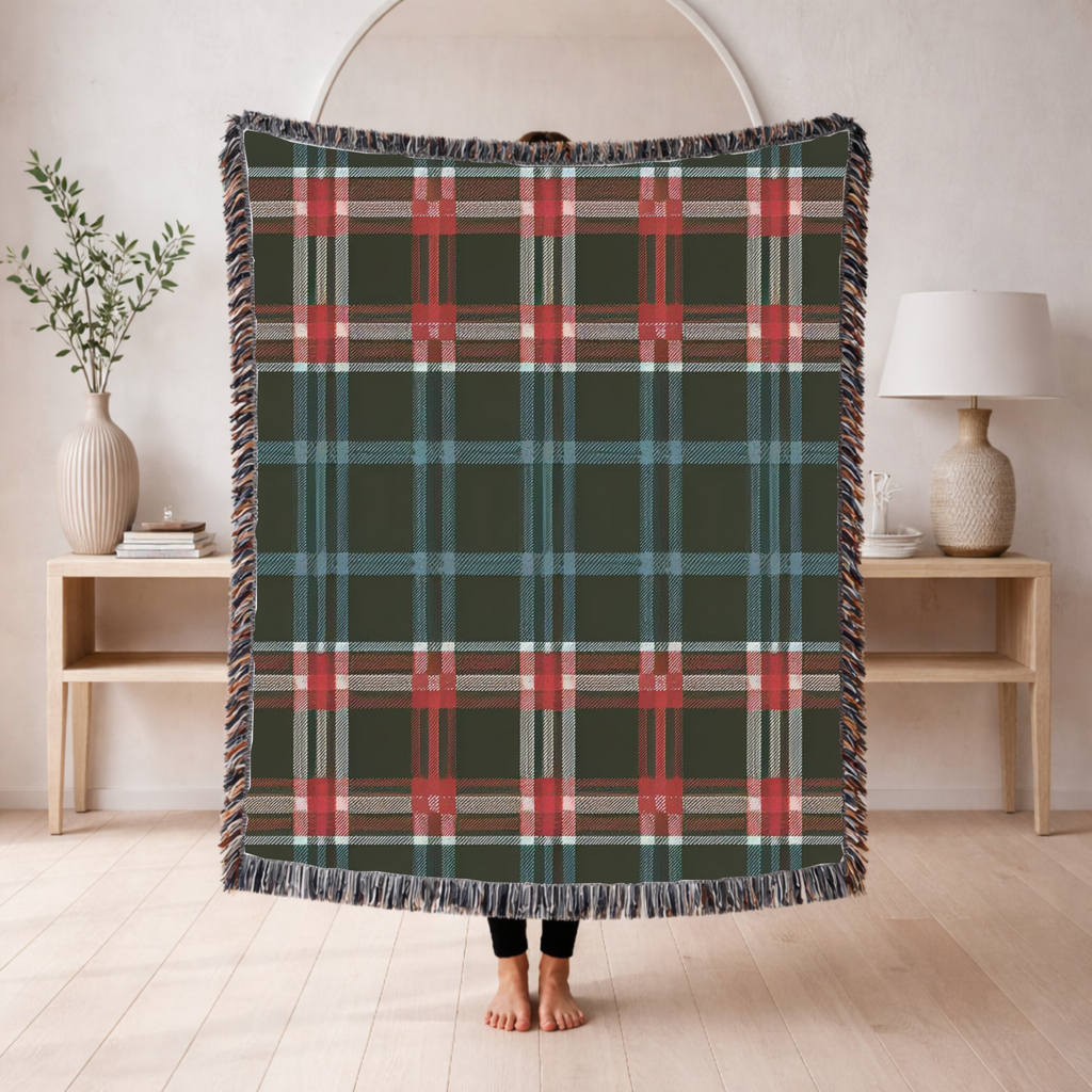 Electric Tartan Throw — 1990s Teal & Red Plaid Woven Blanket