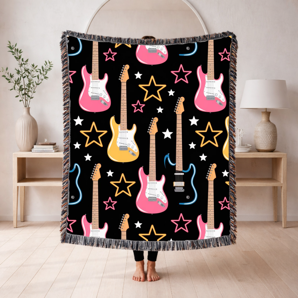 Woven Electric Guitar Throw Blanket | Pink Yellow Blue Black Stars, 1980s Rock Décor