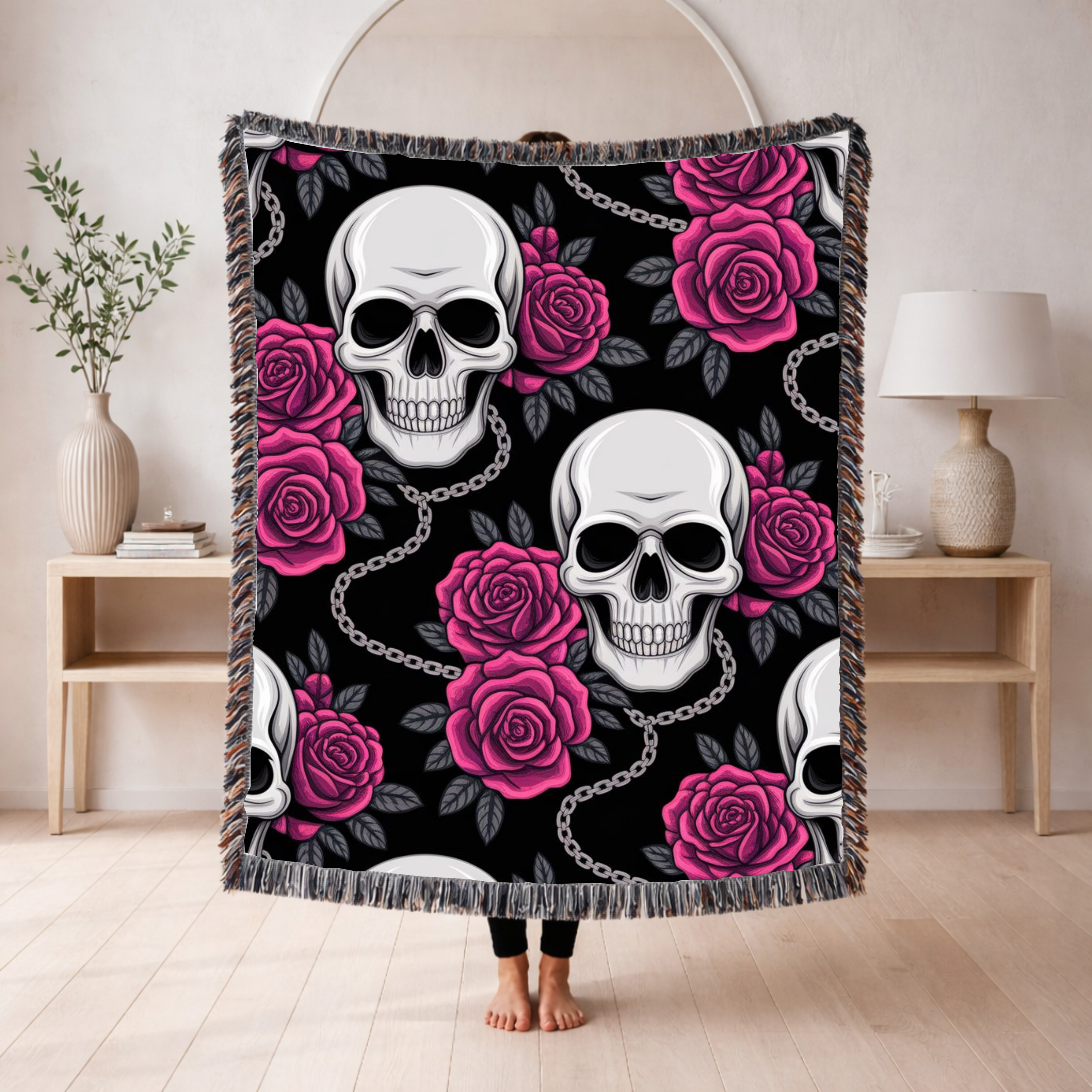 Skull & Roses Throw — 1990s Gothic Skull & Rose Woven Blanket