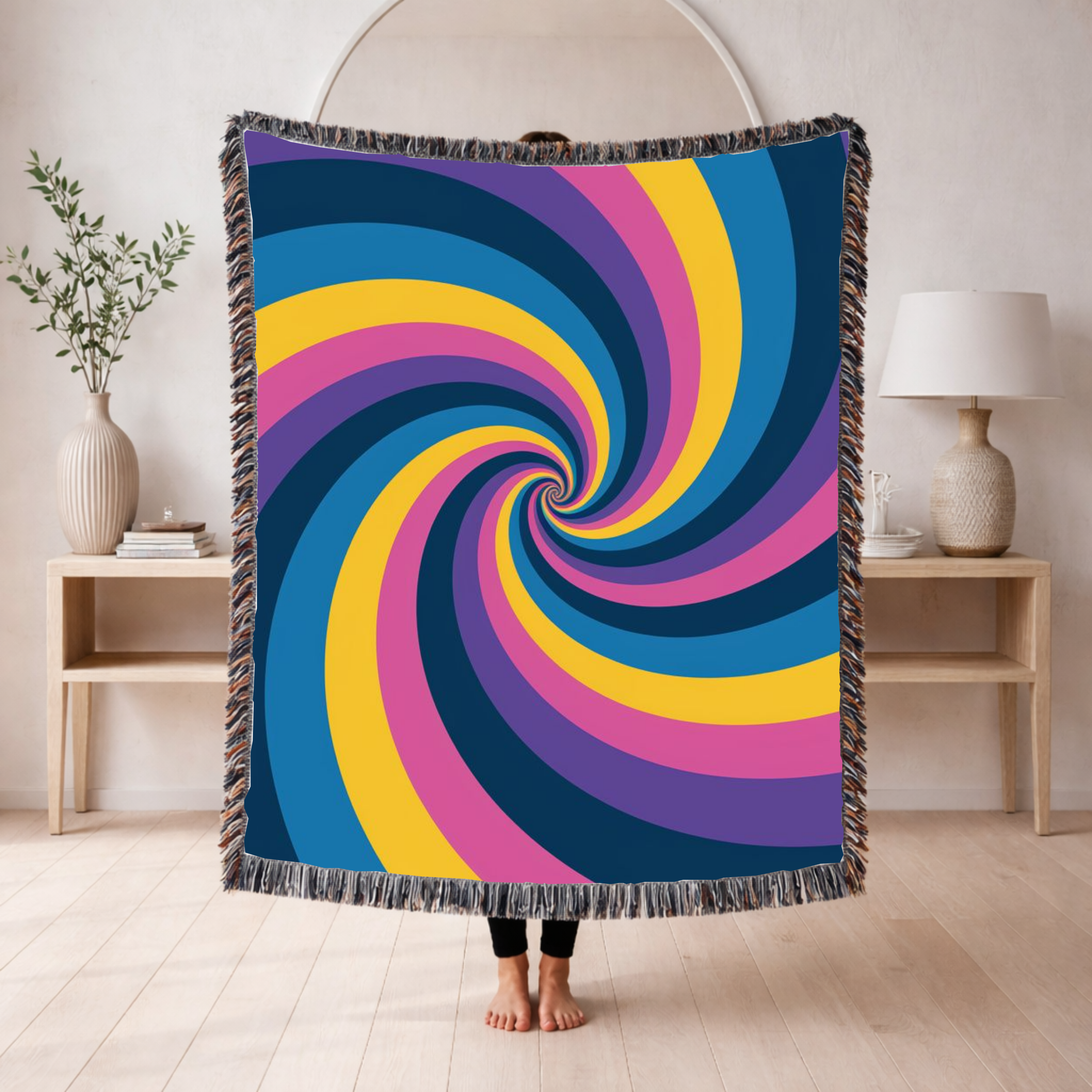 Hypnotic Throw — 1990s Psychedelic Swirl Woven Blanket