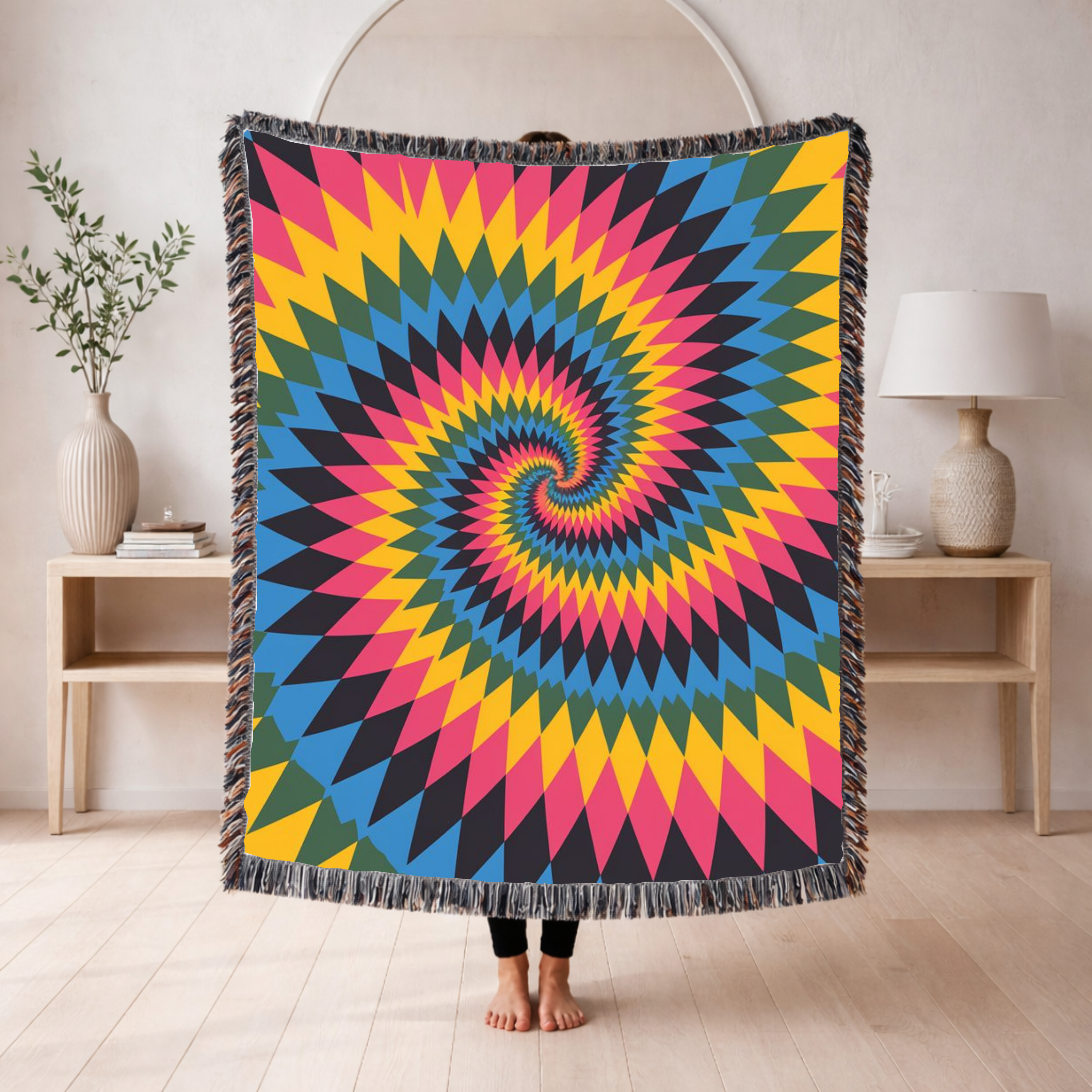 Spectrum Throw — 1990s Rainbow Spiral Woven Blanket