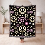 Happy Daze Throw — 1990s Smiley Face & Peace Woven Blanket