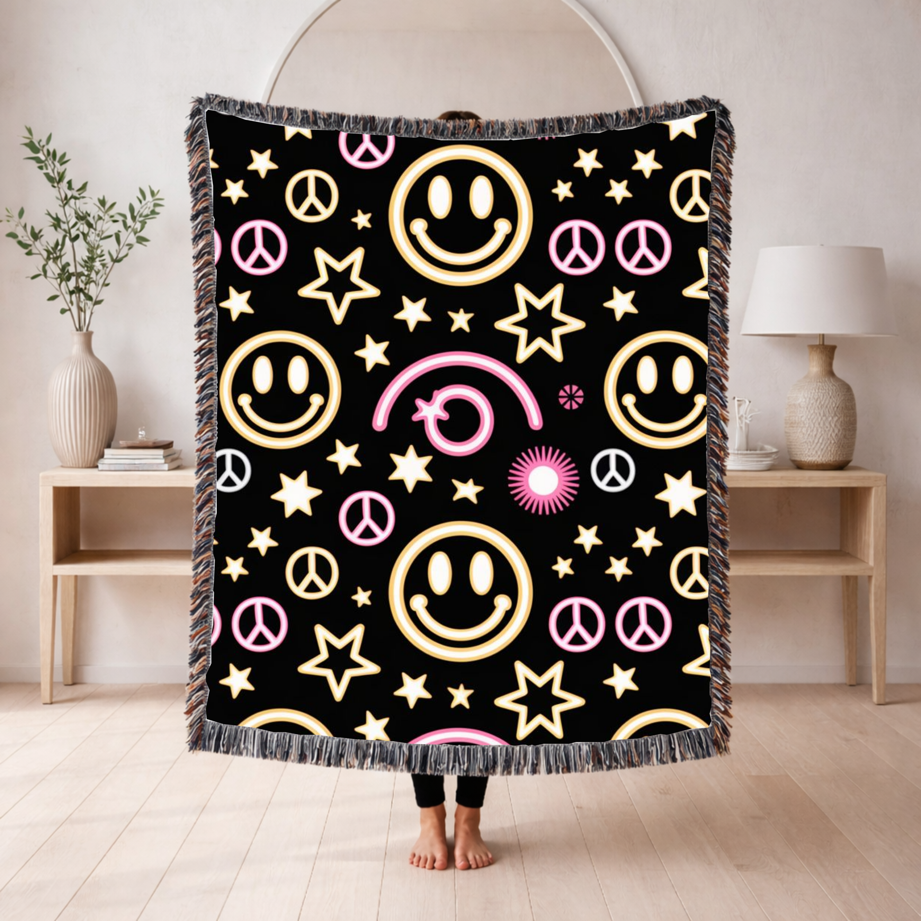 Happy Daze Throw — 1990s Smiley Face & Peace Woven Blanket