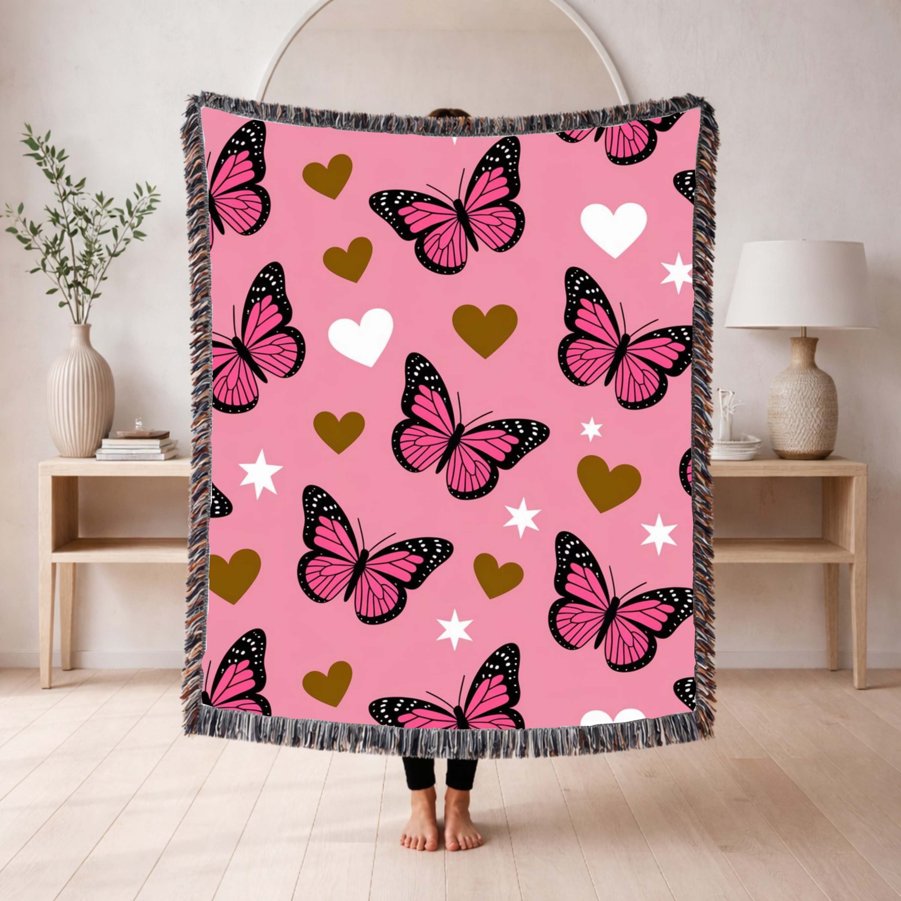 Butterfly Kiss Throw — 2000s Pink Butterfly & Heart Woven Blanket