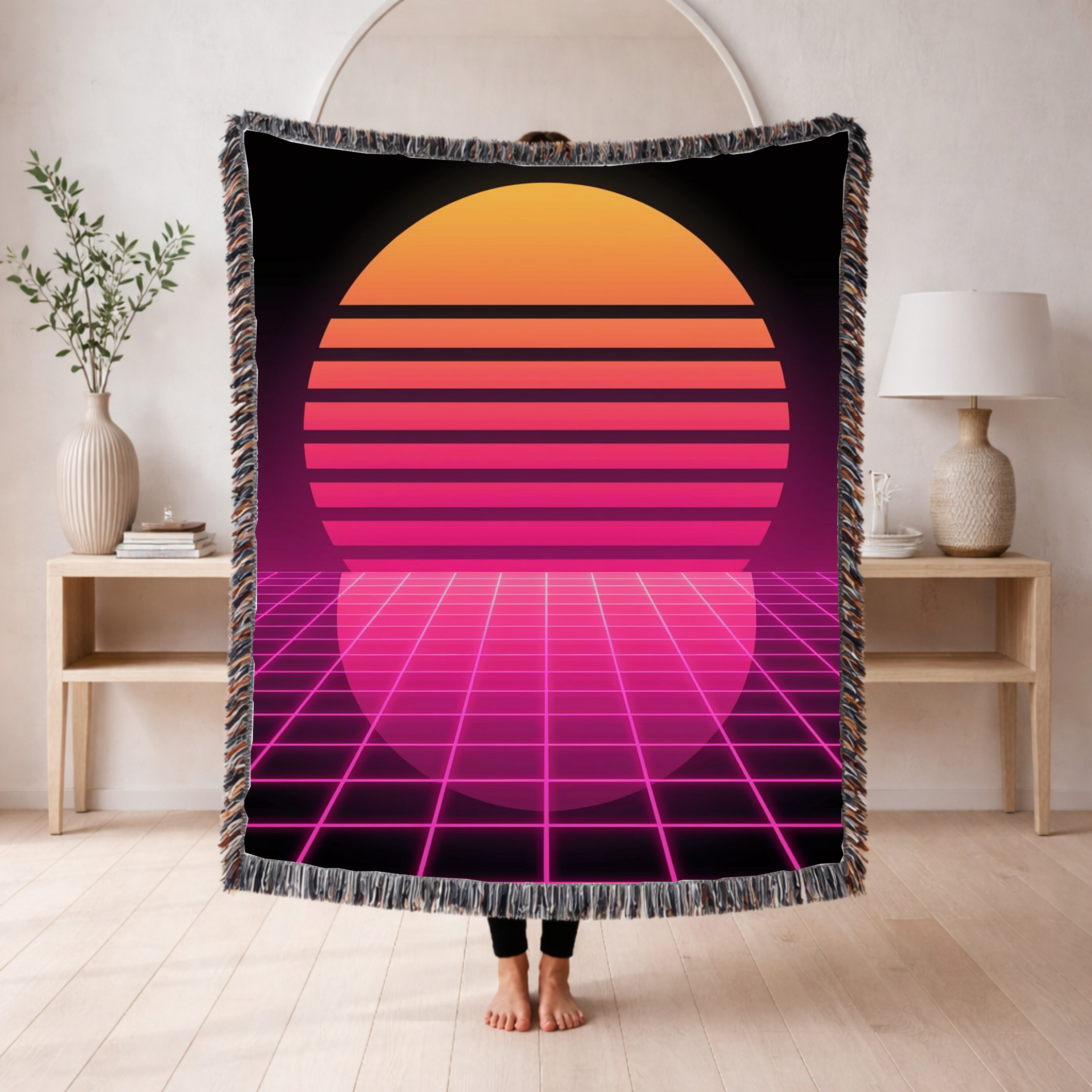 Retrowave Throw — 1980s Synthwave Sunset Woven Blanket