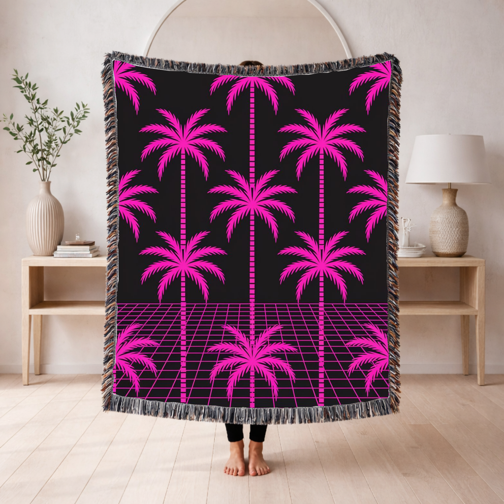 Neon Palm Throw — 1980s Tropical Night Woven Blanket