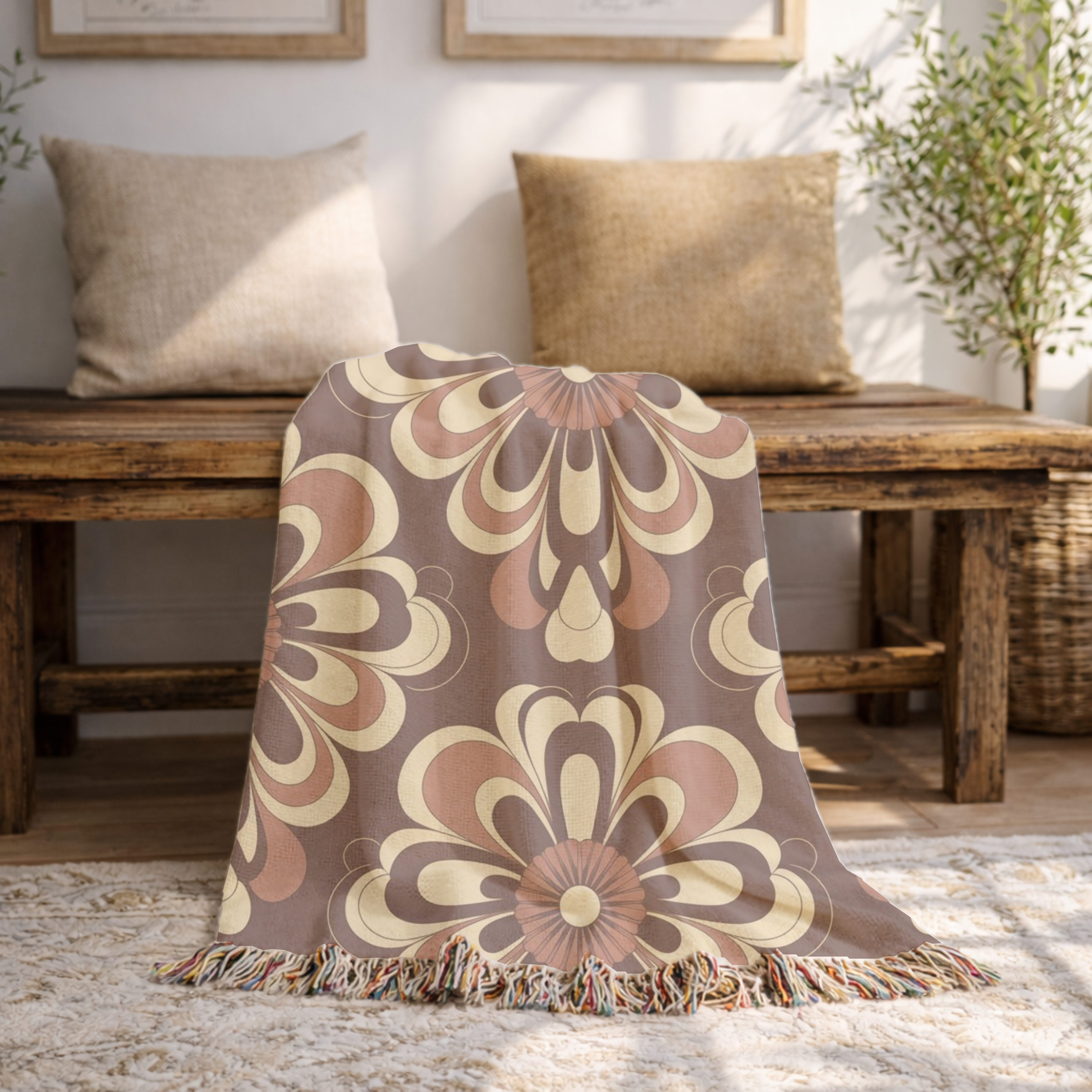 Baroque Bloom Throw — 1970s Medallion Woven Blanket