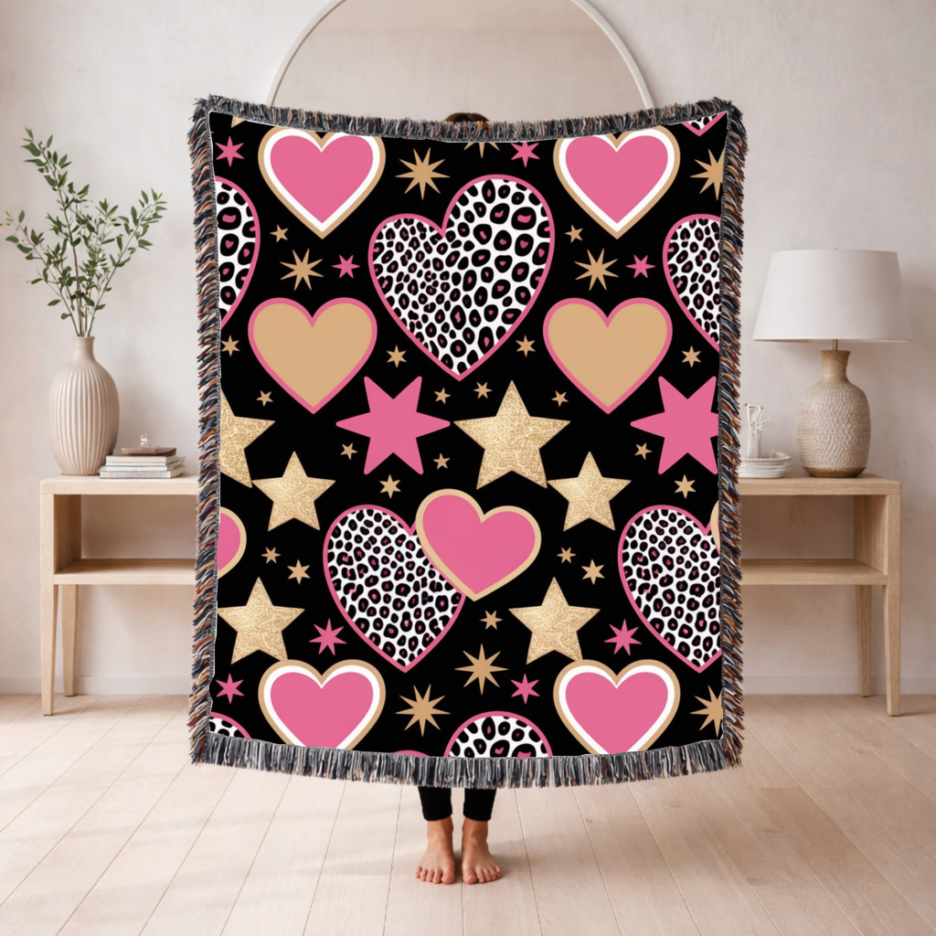 Girl Power Throw — 1990s Leopard Heart & Star Woven Blanket