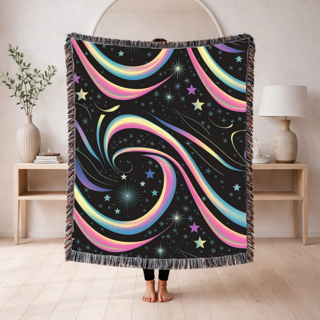 Stardust Throw — 2000s Y2K Rainbow Star Swirl Woven Blanket