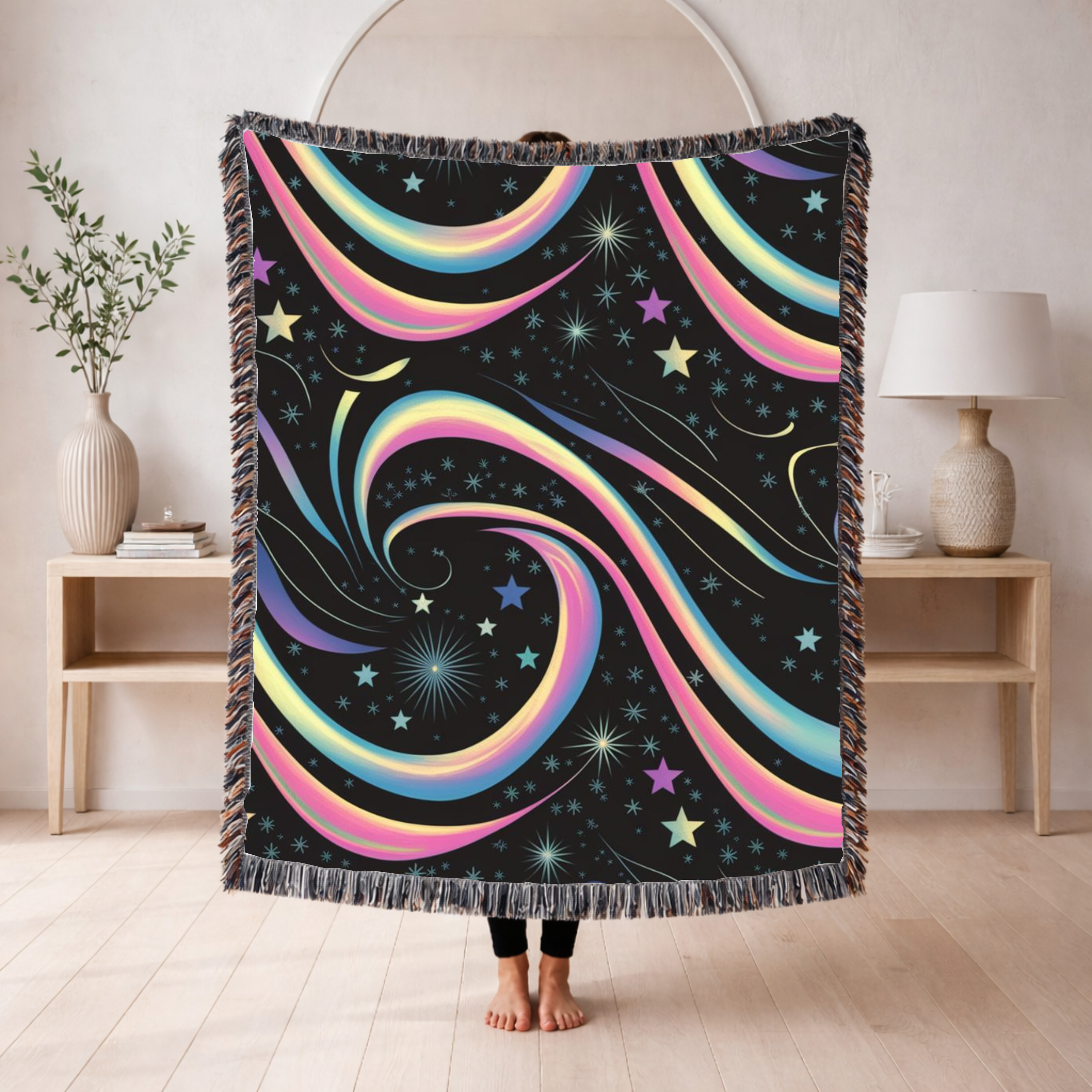 Stardust Throw — 2000s Y2K Rainbow Star Swirl Woven Blanket