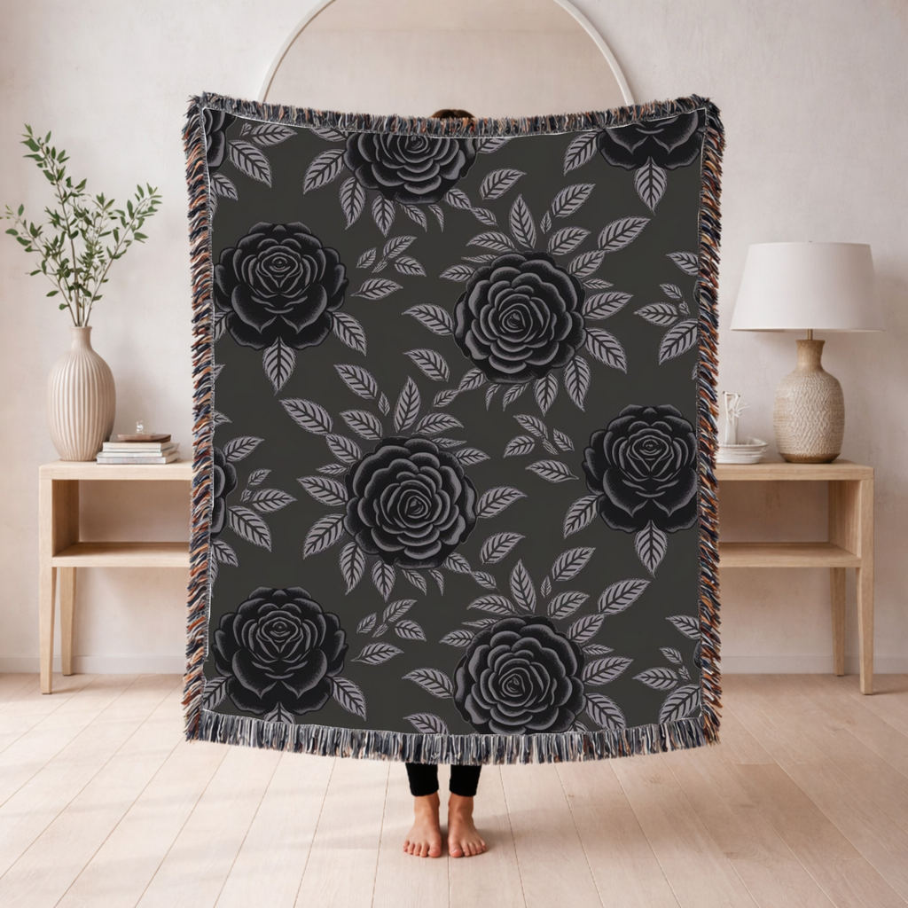 Midnight Rose Throw — 1990s Gothic Floral Woven Blanket