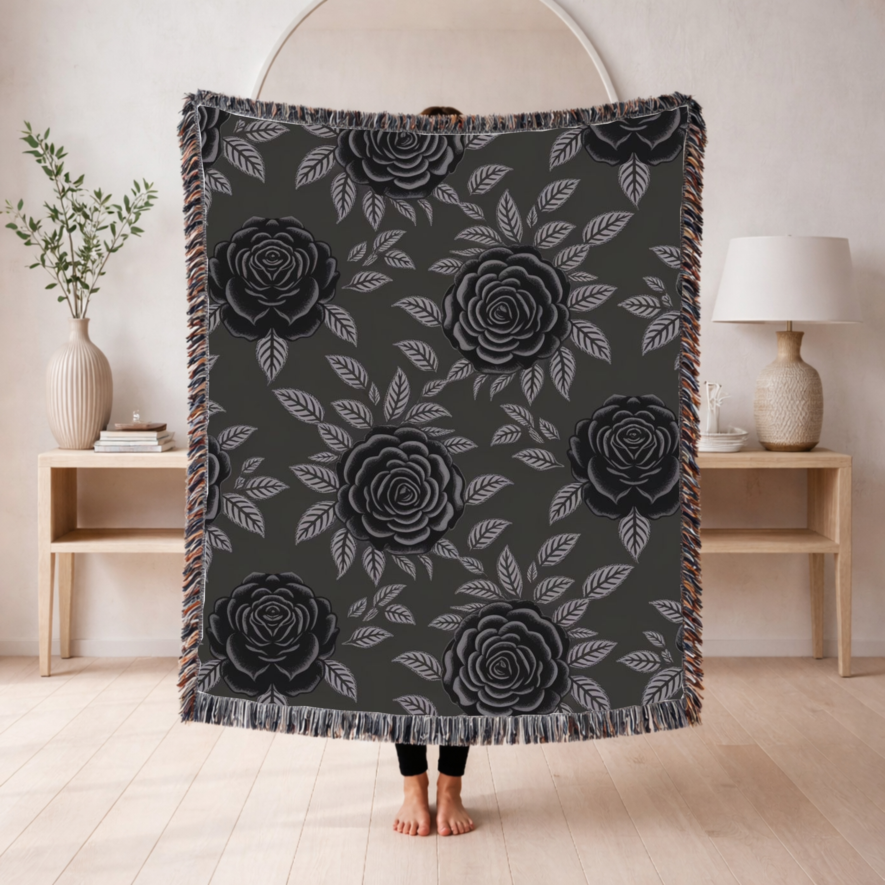 Midnight Rose Throw — 1990s Gothic Floral Woven Blanket