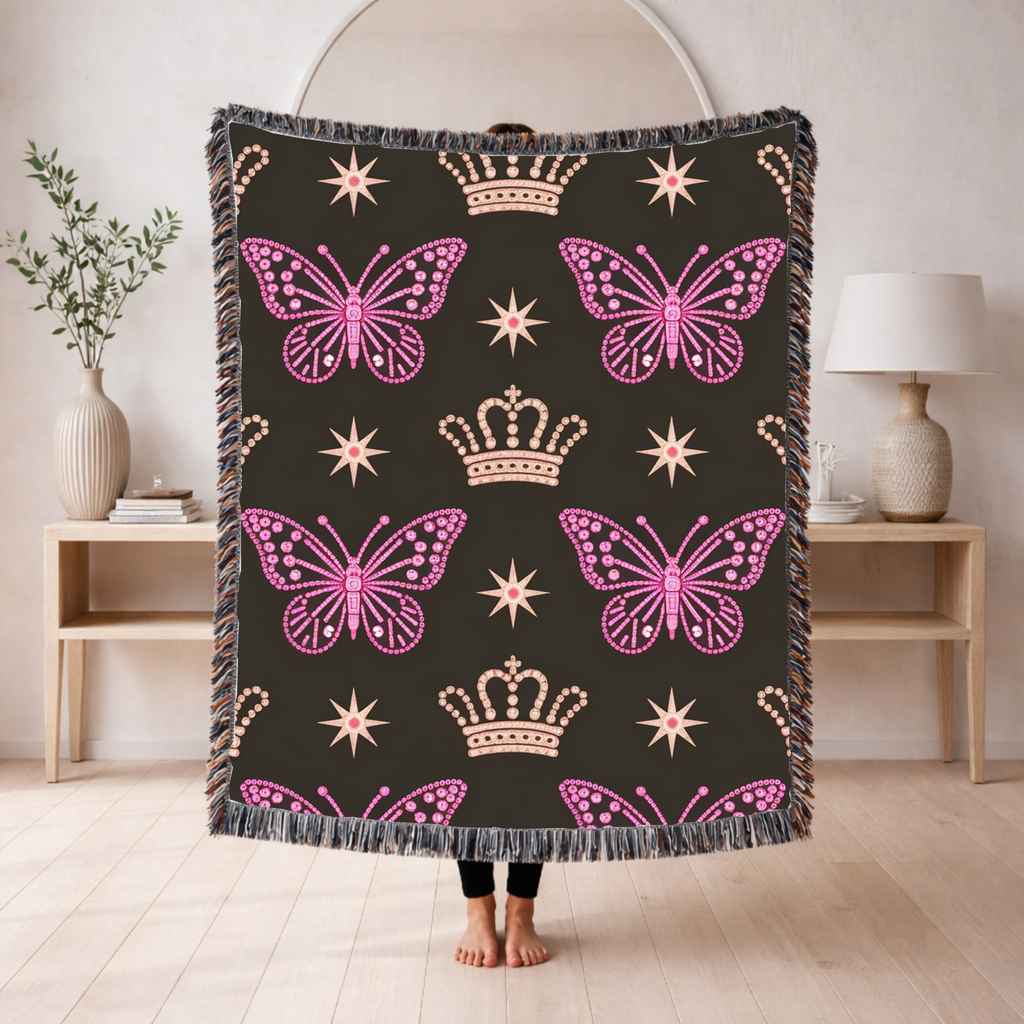 Crown & Wings Throw — 2000s Y2K Butterfly Crown Woven Blanket