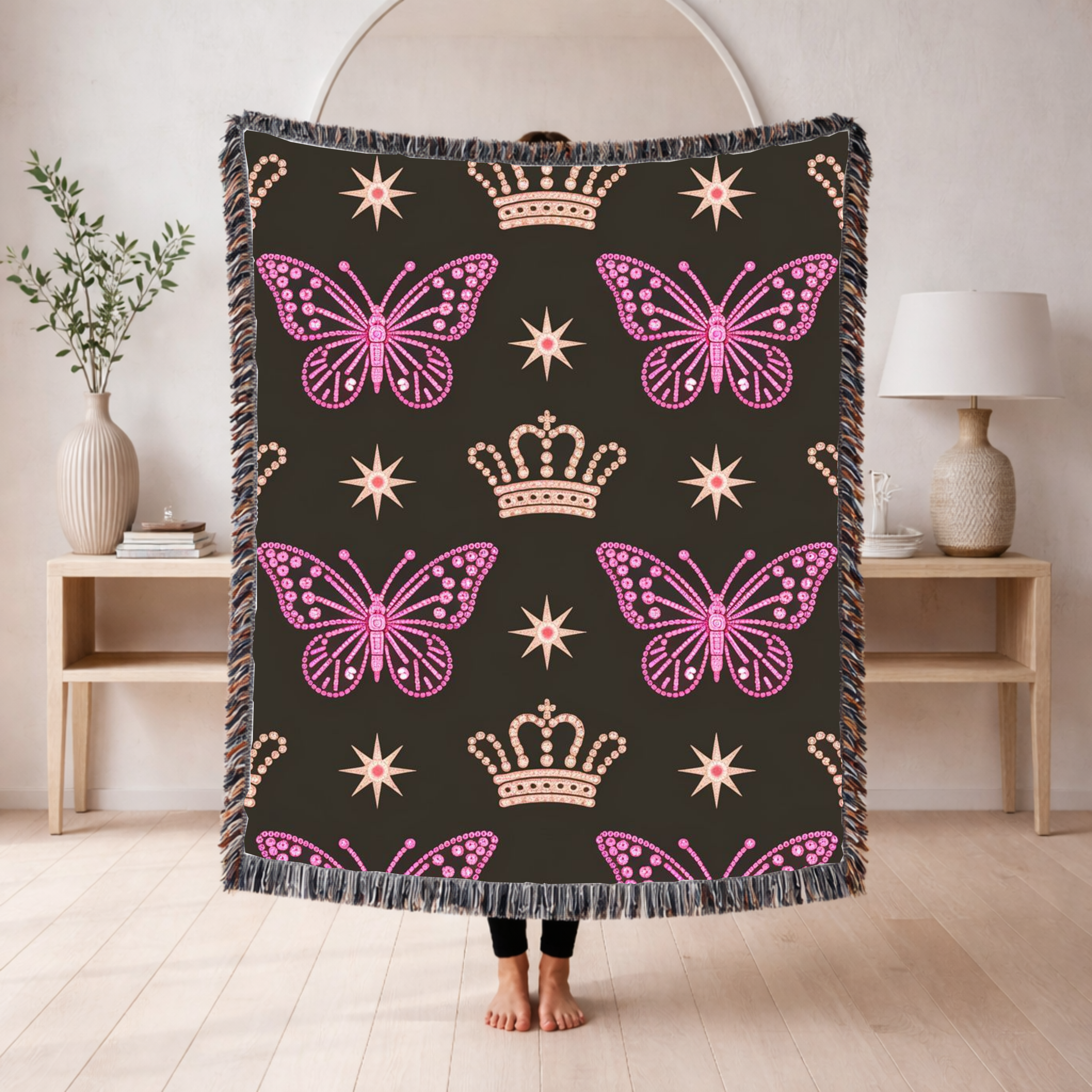Crown & Wings Throw — 2000s Y2K Butterfly Crown Woven Blanket